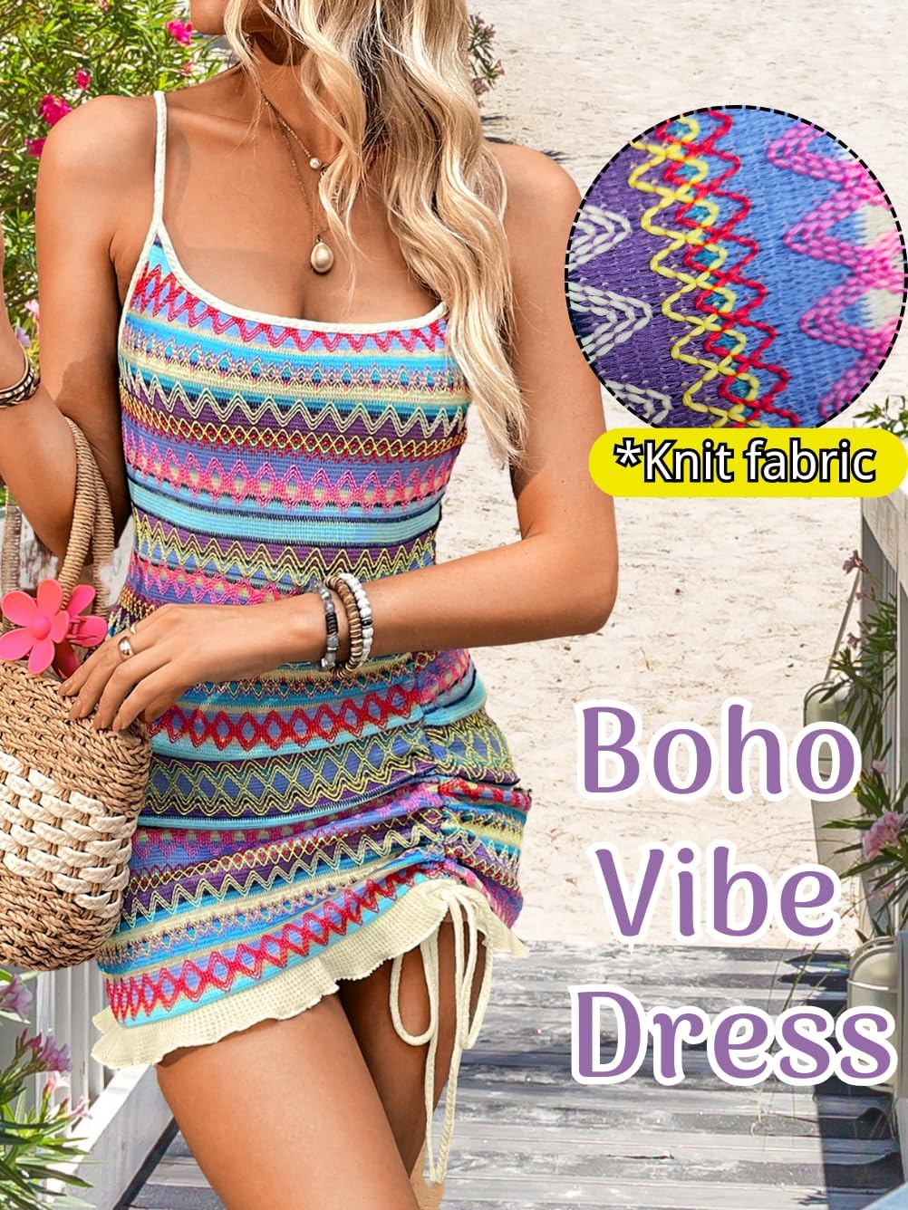 Boho Crochet Striped Swimsuit Coverup, Square Neck Low-Back Bodycon, Drawstring Ruffle Mini Dresses for Women - Image 3