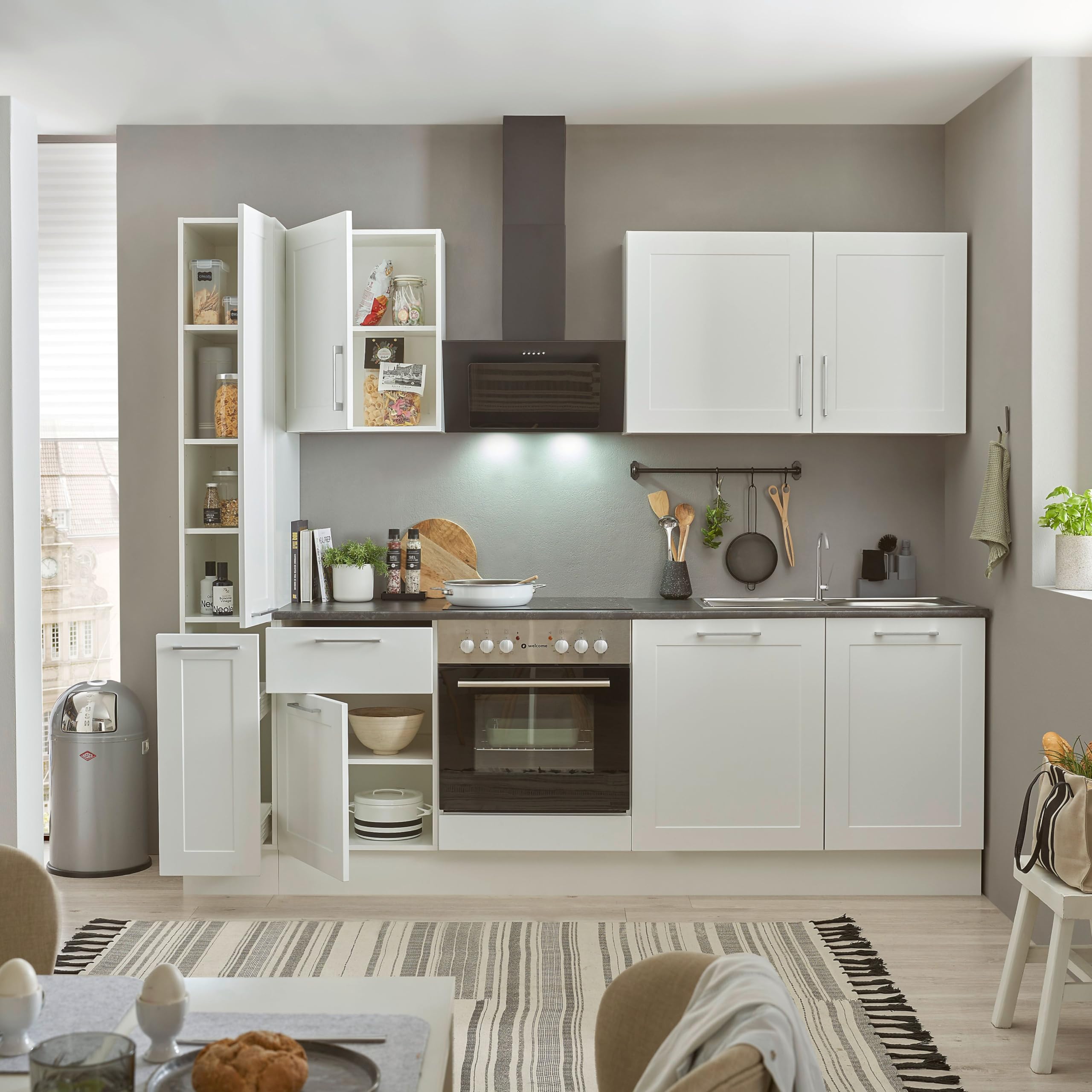 Stella Trading Marsella Moderna Cocina sin electrodomésticos en Blanco, marrón metálico - Amplia Cocina Equipada con Mucho Espacio de Almacenamiento - 250 x 211 x 60 cm (B/H/T)