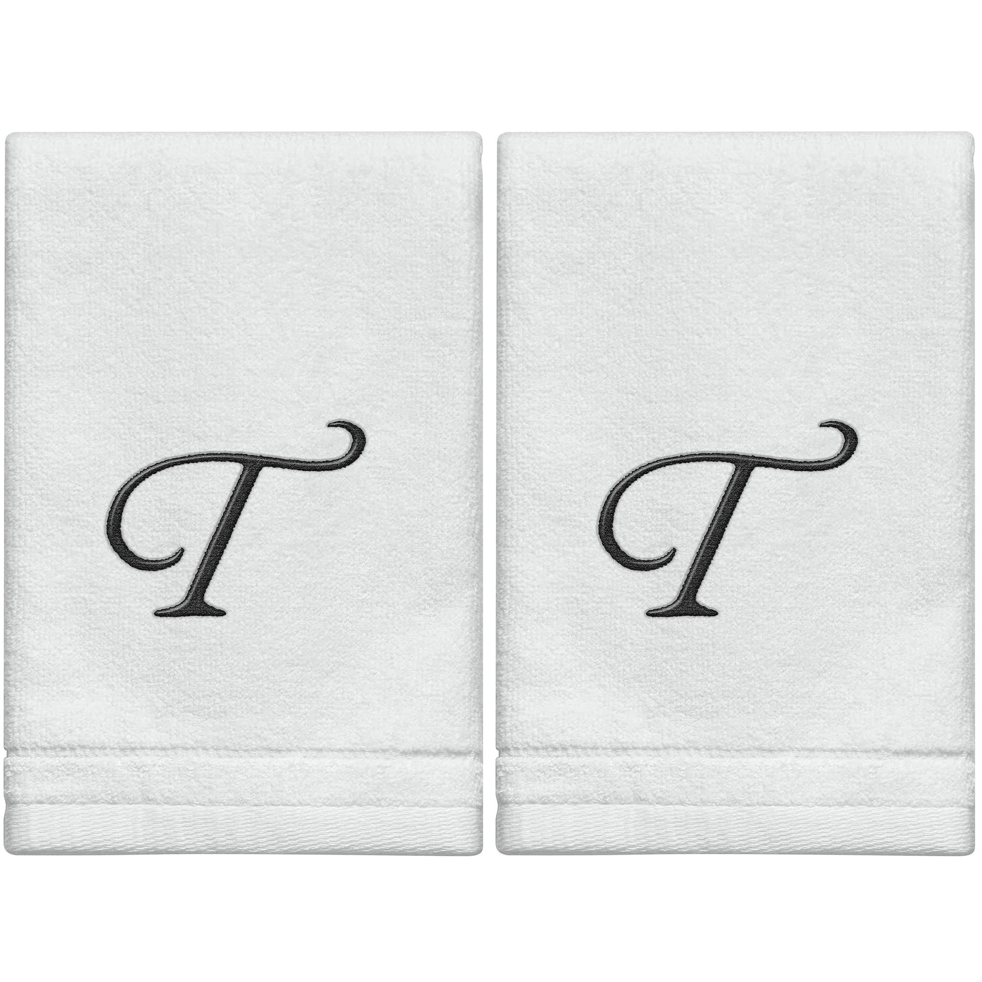 Toallas con Monograma, Regalo Personalizado, 11 x 18 Pulgadas, Juego de 2, Toallas Bordadas Negras, 100% algodón, Acabado de Terciopelo Suave, para baño, Cocina, SPA, Inicial T (Blanco)