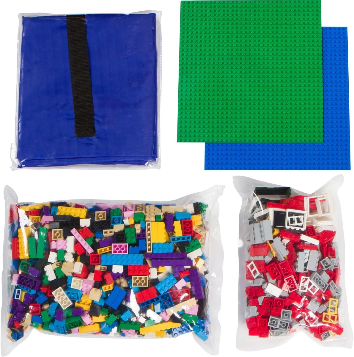 Building Bricks - 1000 Pc Bulk Blocks + 324 Piece Windows, Doors, and Roof Tiles set - Total of 1324 Piece Bulk Blocks | 2 Baseplates | Drawsting Play Mat - Tight Fit with Major Brands