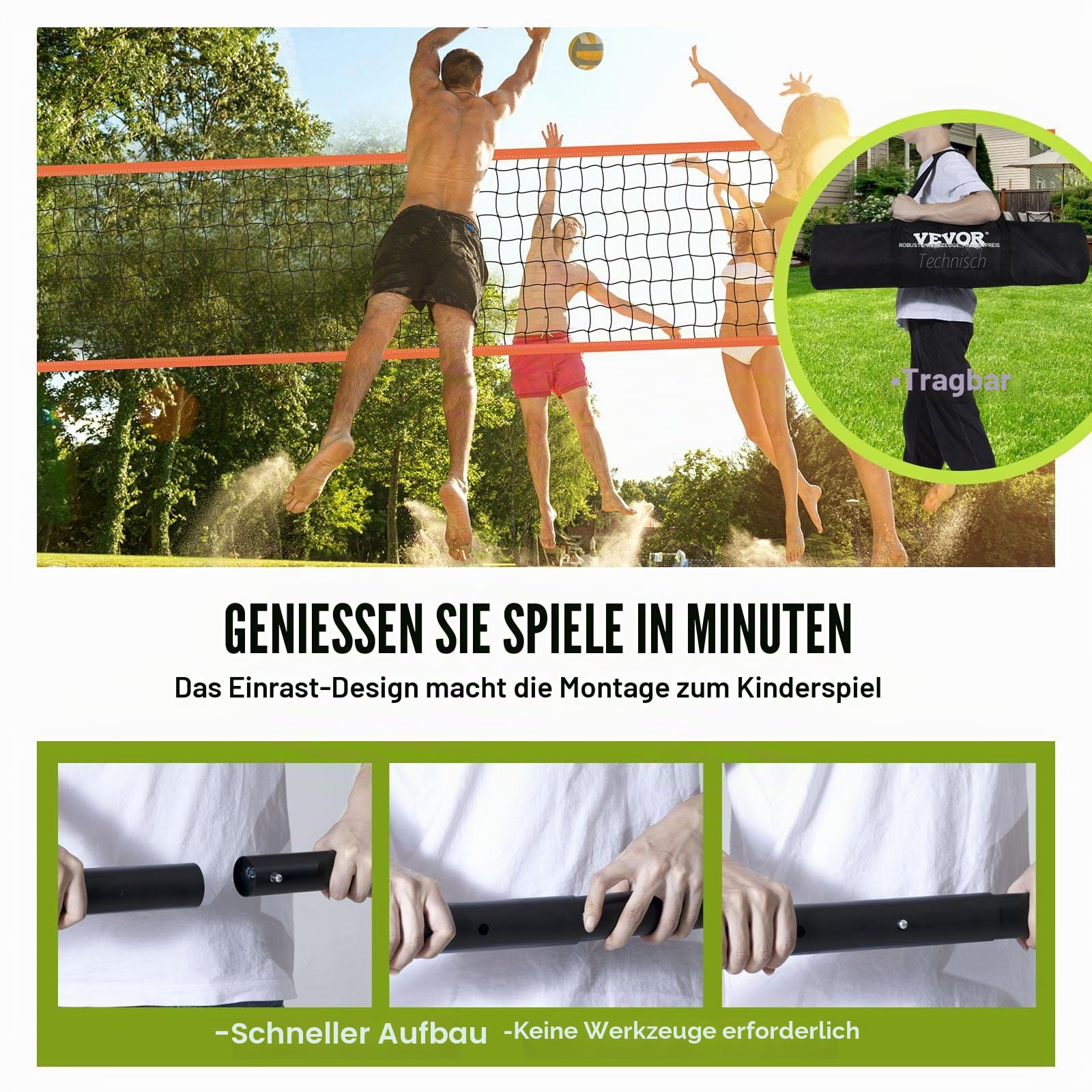 VEVOR Höhenverstellbares Volleyballnetz Set, 9,7 x 2,4 m Tragbarer Beachvolleyball-Netz, Orange Faltbar Mit Volleyball & Tragetasche, Für Garten, Strand