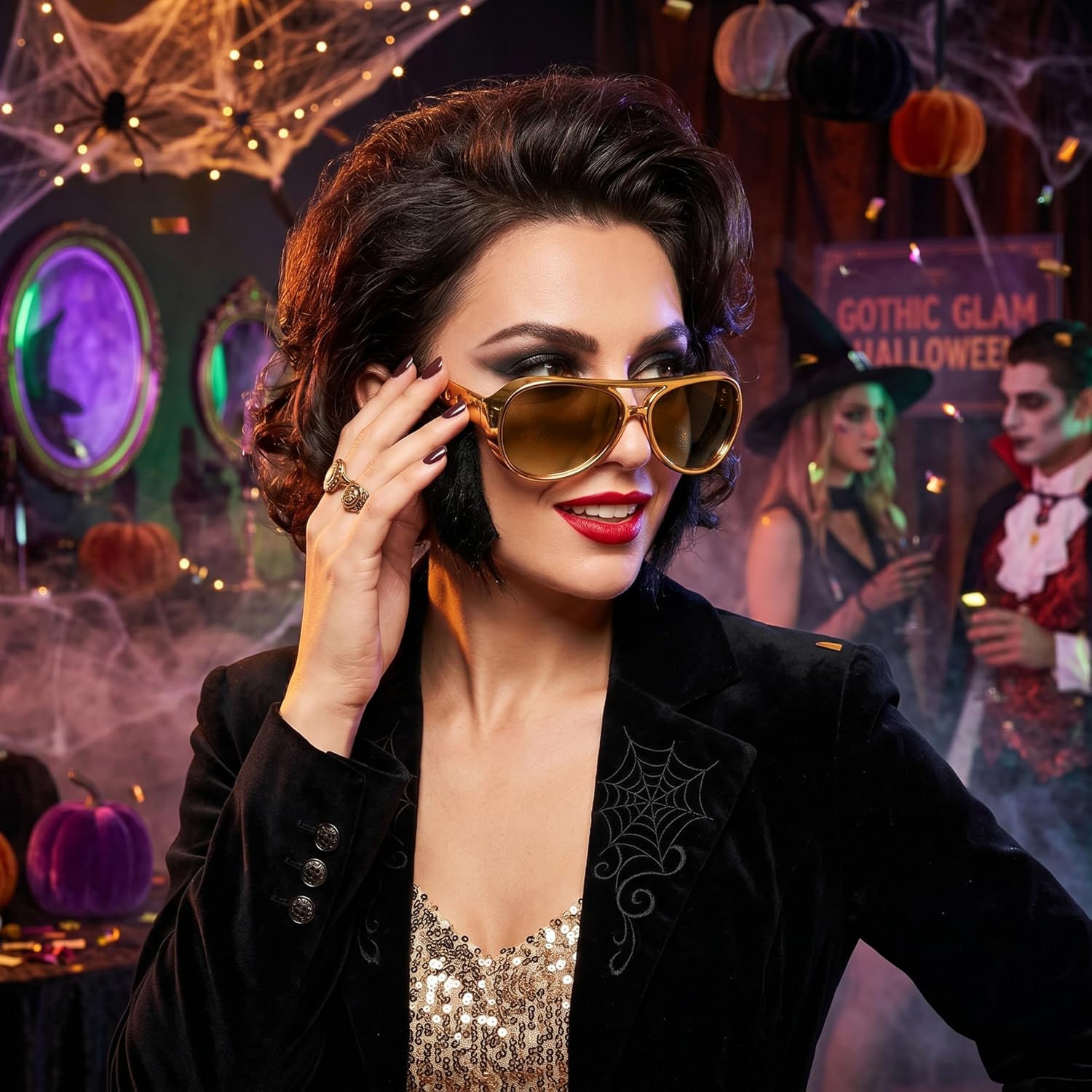 Spooktacular Creations Gold Sunglasses Disco Glasses with Sideburns, 50’s 60’s 70's Glasses for Halloween Party Costume Rockstar Accessories, Gold Celebrity Sunglasses for women and men