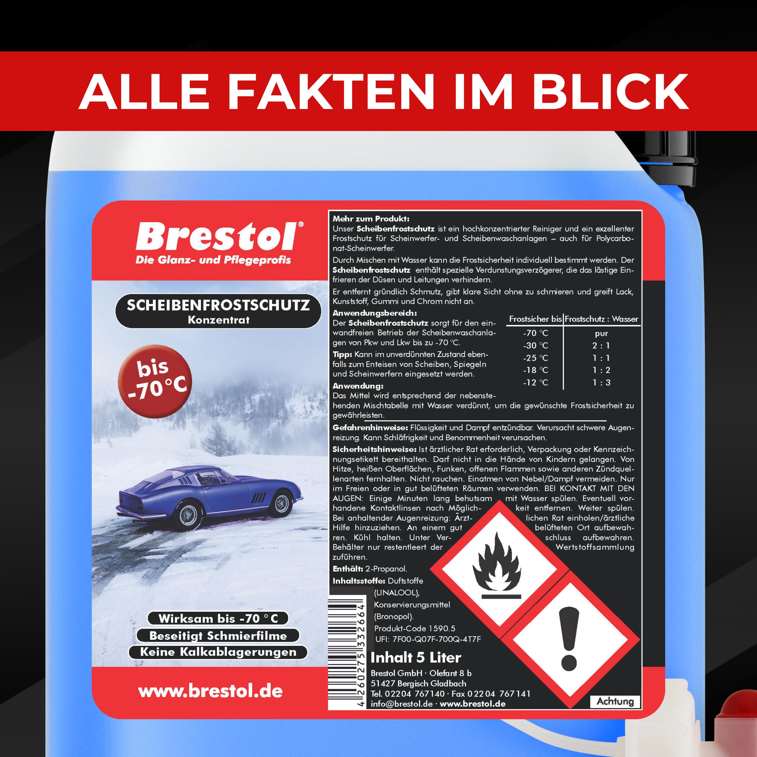 Brestol Liquido antigelo, concentrato, da 10 l, Efficace Fino a -70°, con Rubinetto da 51 mm Incluso, da Aggiungere al Liquido lavacristalli