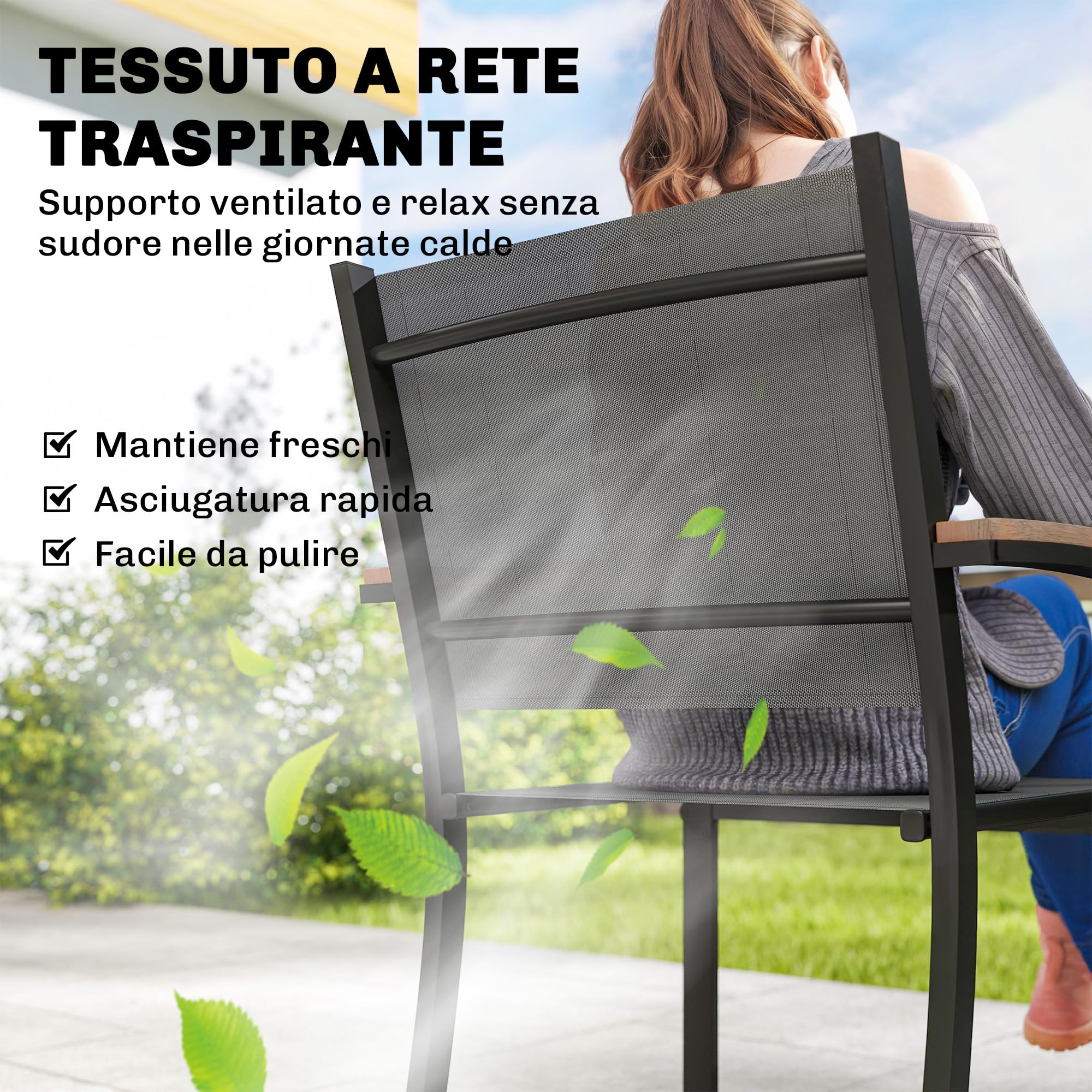 Outsunny Set 2 Sedie da Giardino Impilabili in Texteline e Metallo, con Braccioli Effetto Legno, 56x62x89 cm, Grigio