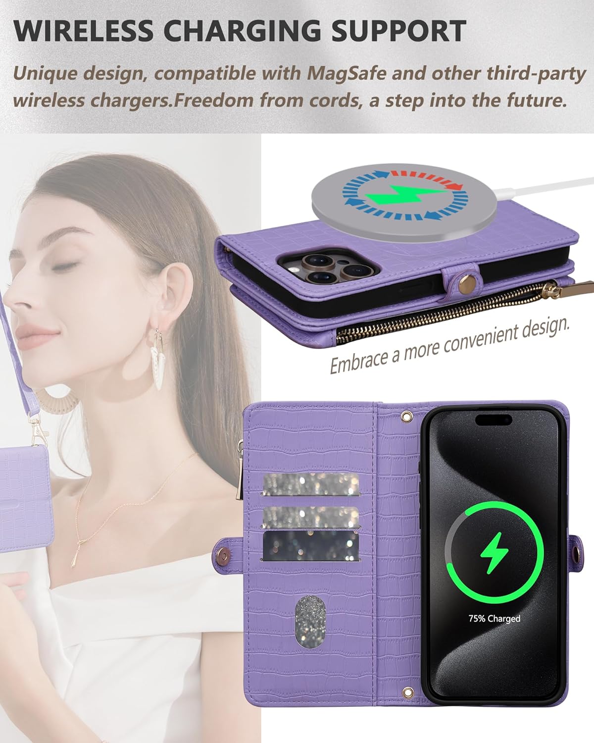 Crossbody Wallet Case for iPhone 15 Pro Max with Mirror, Wrist Strap, Zipper Purse Magnetic Flip RFID Blocking Card Holder, Wireless Charging, PU Leather Shockproof 6.7" Women (Purple) - Image 5