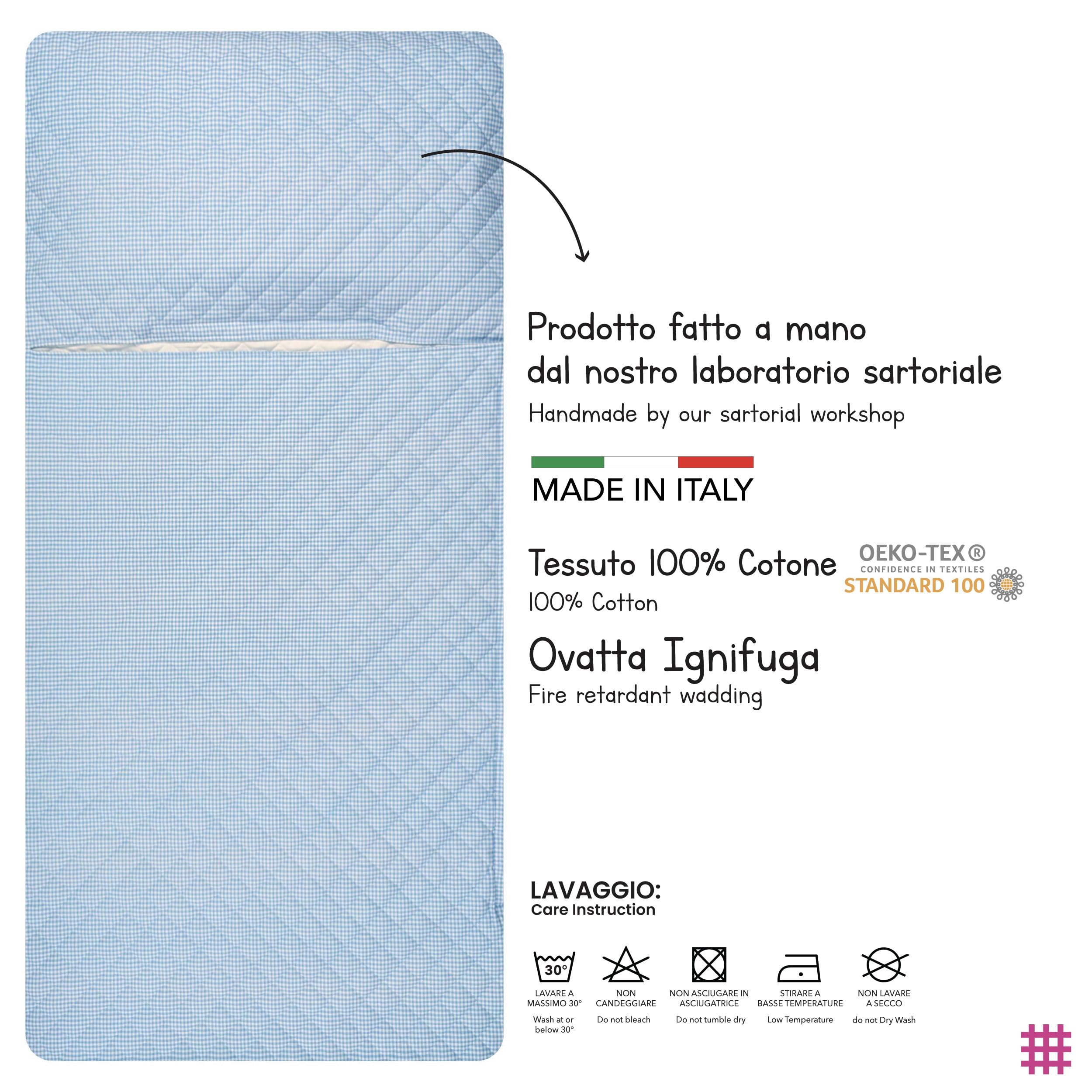 Panini Tessuti Saco de Dormir para niños y niñas de 2 a 6 años - Tejido Acolchado 100% algodón, para Dormir en la guardería y en casa - Made in Italy (Saco de Dormir Cuadrados Azules