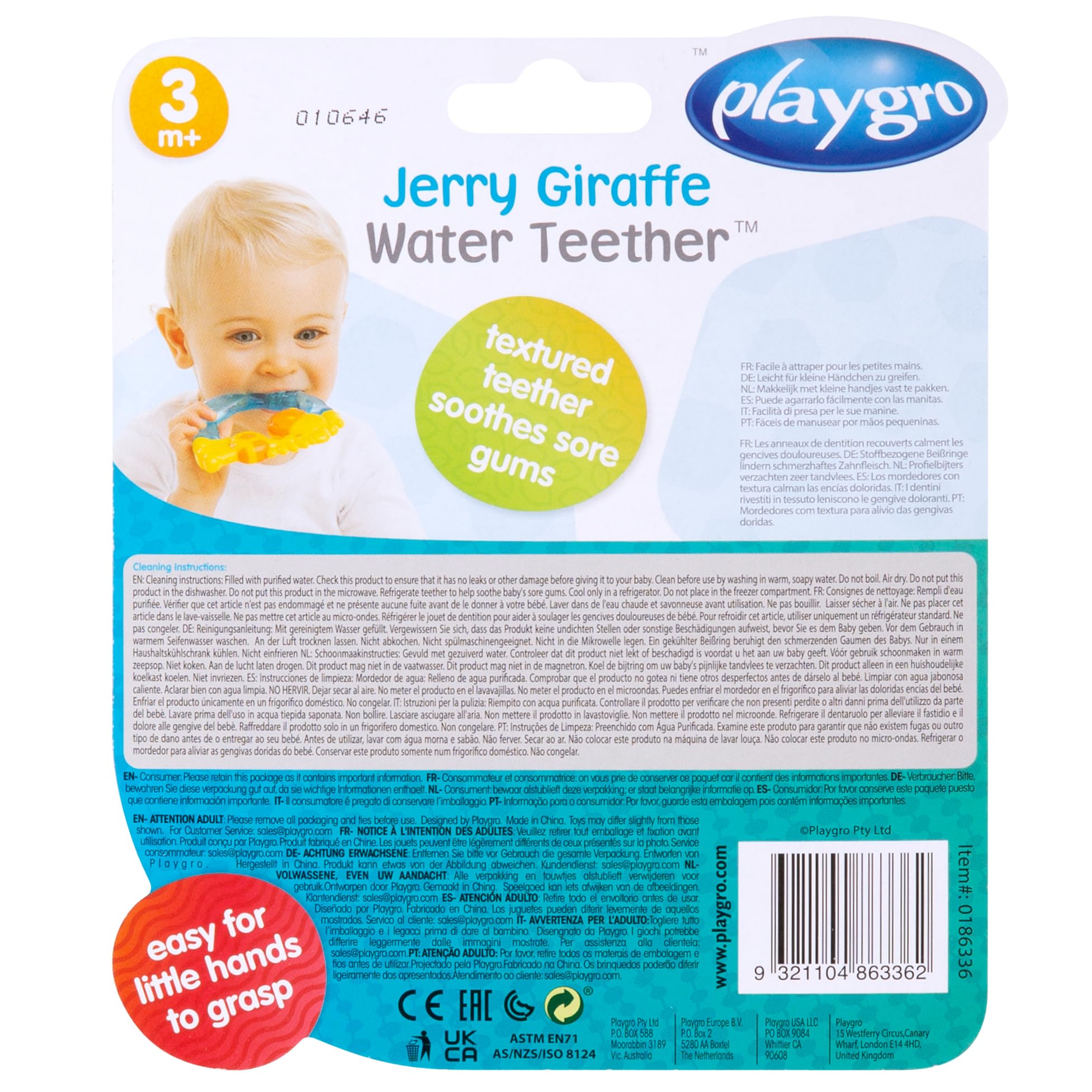 Playgro 0186336 Jerry Żyrafa chłodziwo gryzak, żółty/niebieski, mały