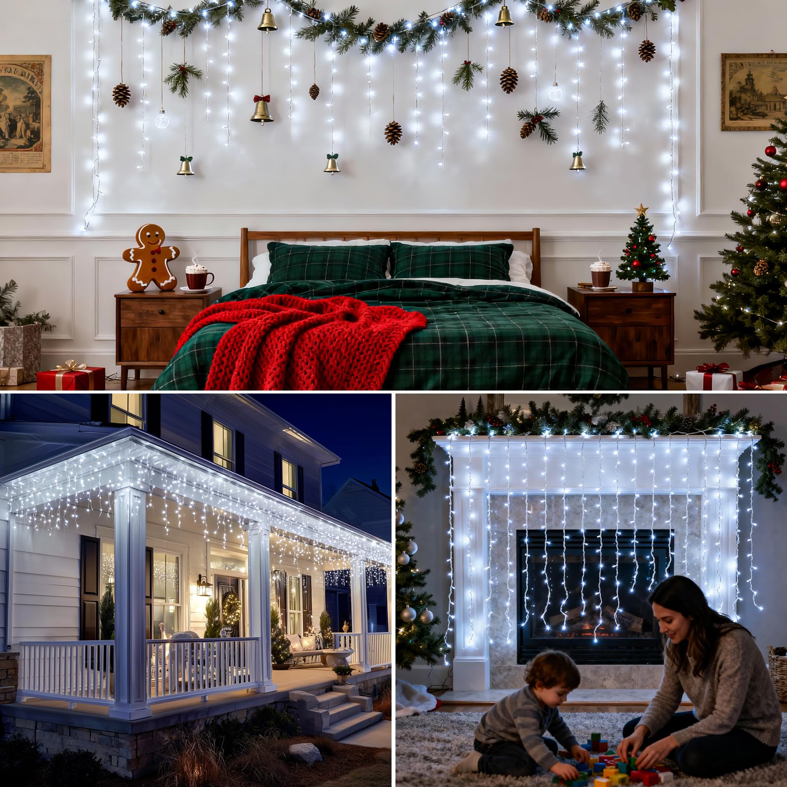 TRUMPETS Luci di Natale da Esterno Cascata,10M 408LED Bianco Luci Natale Esterno，Tenda Luminosa Natale Esterno, 8 Modalità, Timer, IP44 Impermeabile, per Balcone, Tetto,Giardino,Feste