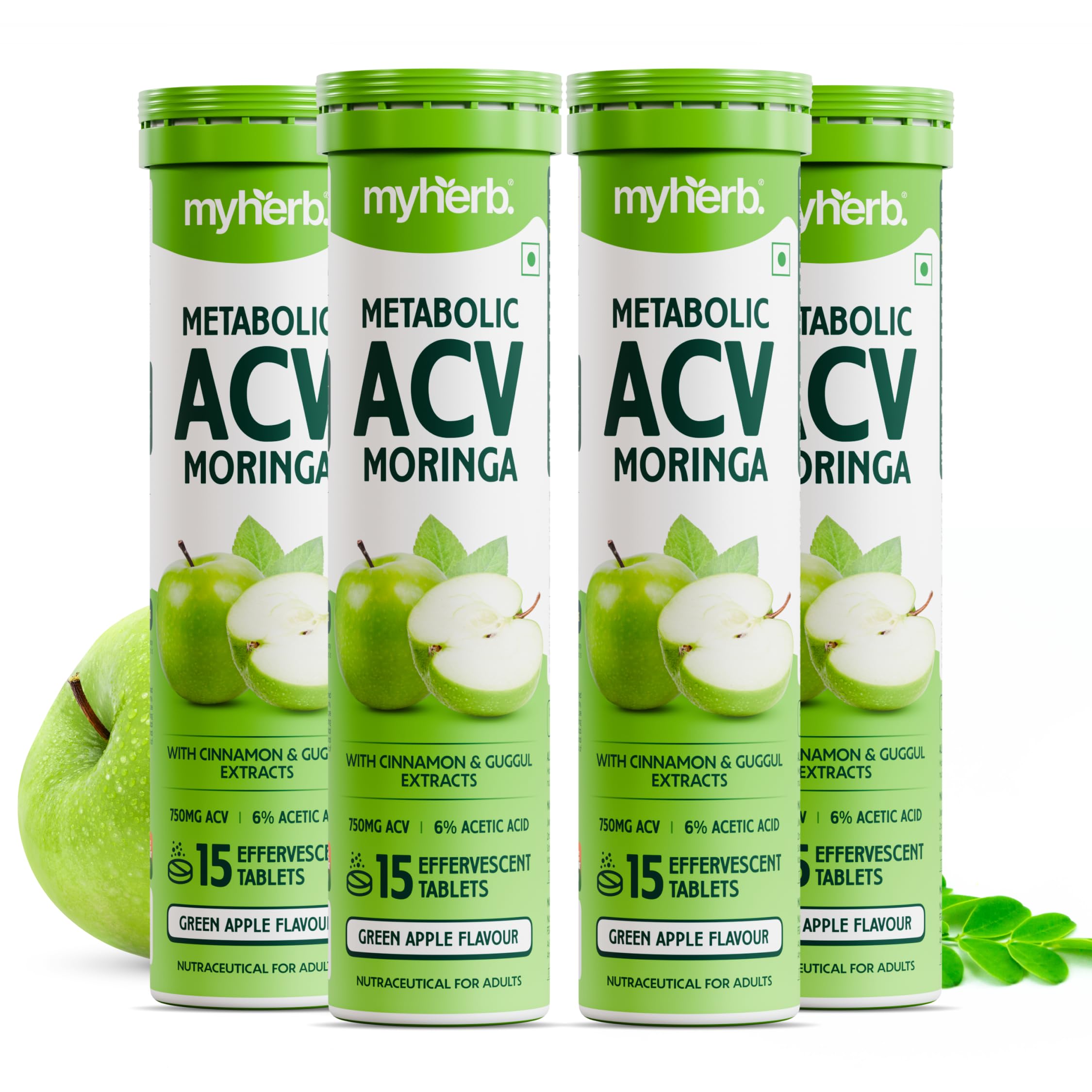MYHERB ACV Moringa | 60 Effervescent Tablets To Control Cravings,Convert Fat Into Energy | Boost Energy | Apple Cider Vinegar, Cinnamon, Gugal | No Added Sugar (60 count (Pack of 4), Green Apple)