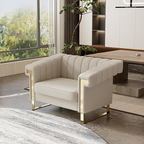 Miniatura 8 de Juego de sofá de 2 piezas para sala de estar, elegante juego de sofá de terciopelo beige con patas de metal dorado, moderno juego de sofá copetudo