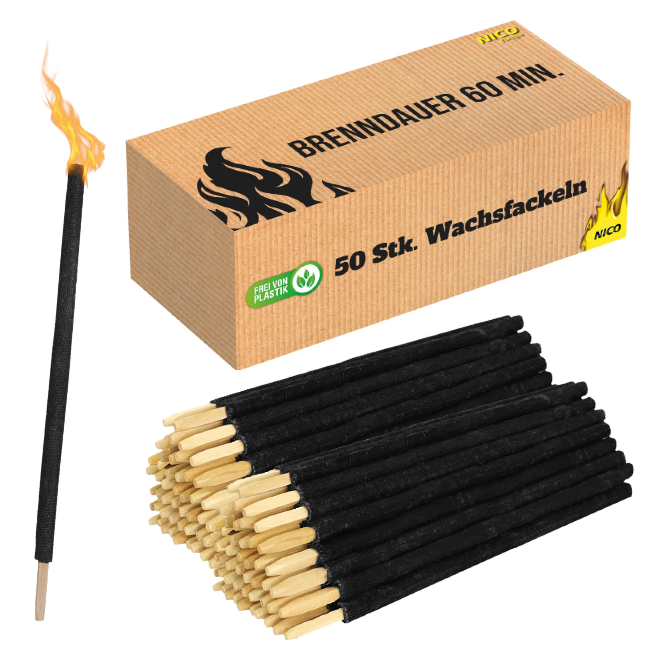 Nico Feuerwerk® Pack of 50 Wax Torches, Burning Time 60 Minutes, High-Quality Wax Torches with Hand Protection for Adults and Children, Garden Torch for Outdoor Party, Event, Night Hiking | Made of Wax, Hand Guard, Garden Torch for Outdoor, Party, Event, Night Hiking-image-19