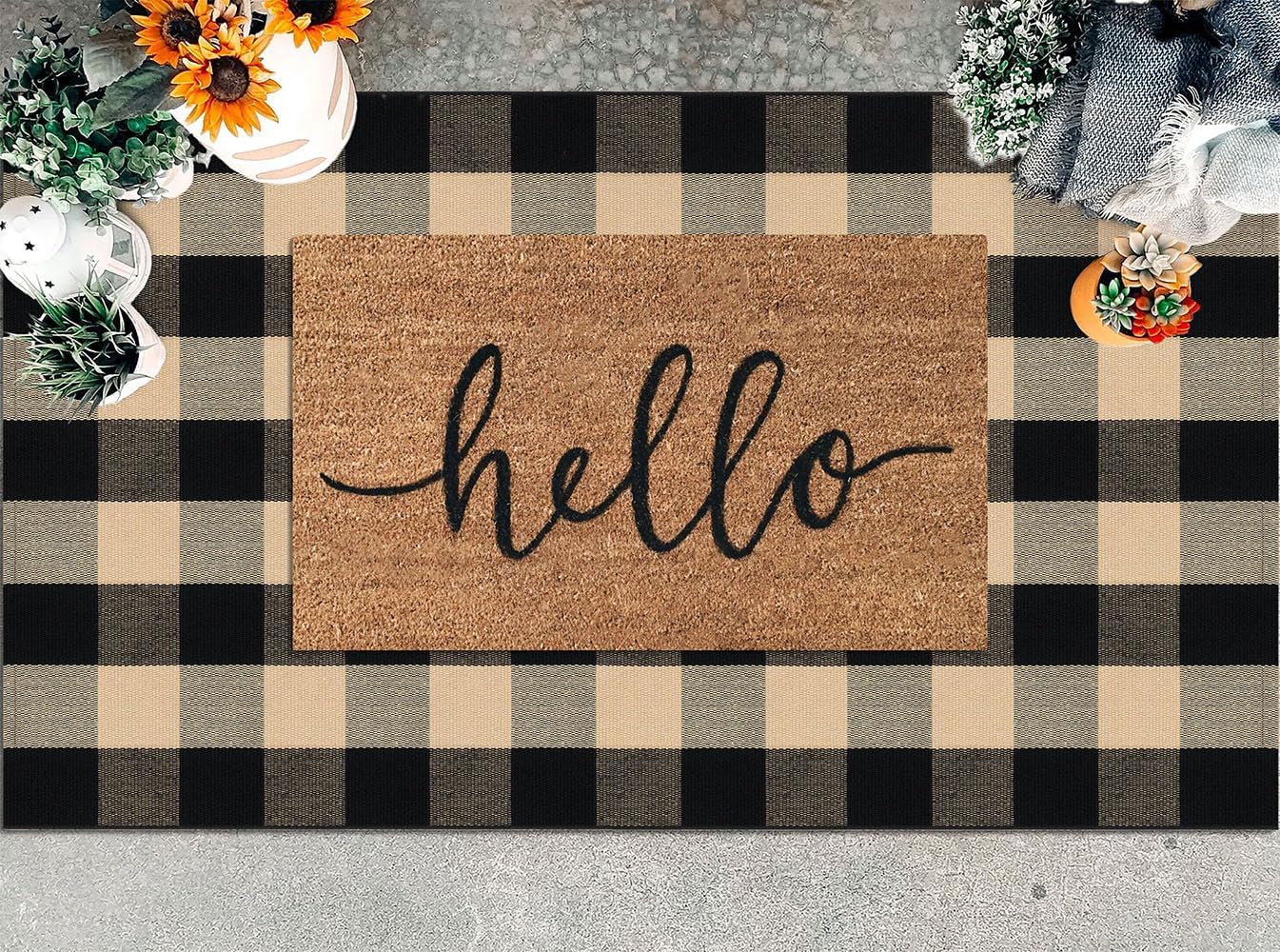 KILOCOCO Buffalo Plaid Checkered Rug - 3x5 Front Door Rug Brown and Black Indoor Cotton Washable Front Porch Layered Doormats for Kitchen/Laundry Room/Farmhouse/Entryway Outdoor