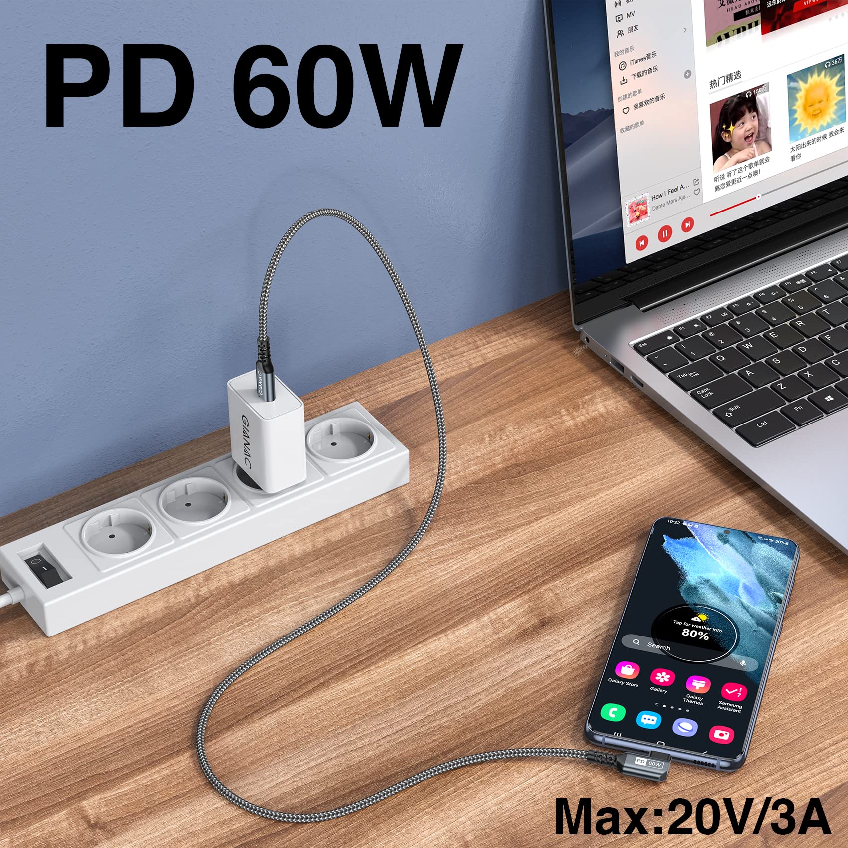 Cavo USB C USB C 1M/2Pezzi, 90 Gradi USB Type-C [60W] PD di Ricarica Rapida per Samsung Galaxy S22 S21 S20 A53 Note 20 Huawei P50 P40 iPad Air iPad Pro 2021 iPad Mini 6 MacBook Pro