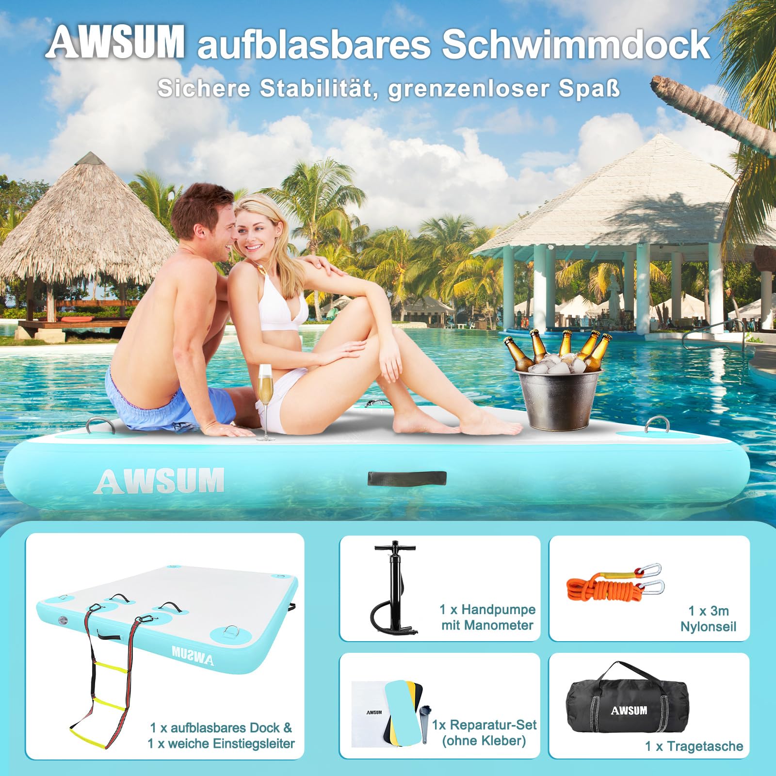 AWSUM Piattaforma gonfiabile per il nuoto Air Dock Piattaforma galleggiante Dock galleggiante Dock gonfiabile per lago, piscina, spiaggia, oceano