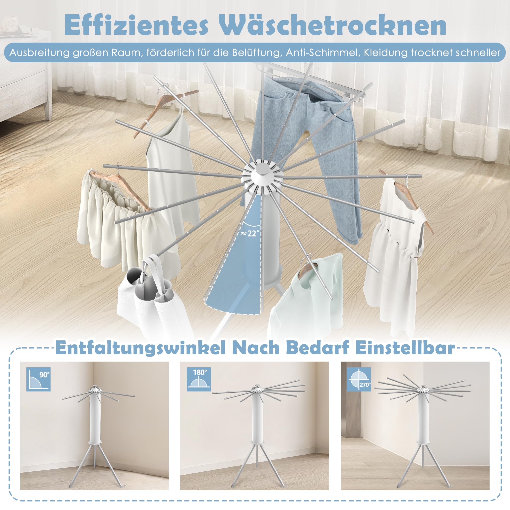 Froadp - Tendedero con 16 varillas de secado de aluminio plegable, soporte de secado portátil, tendedero de pulpo, ahorro de espacio, estructura de secado en torre para balcón, dormitorio, hogar