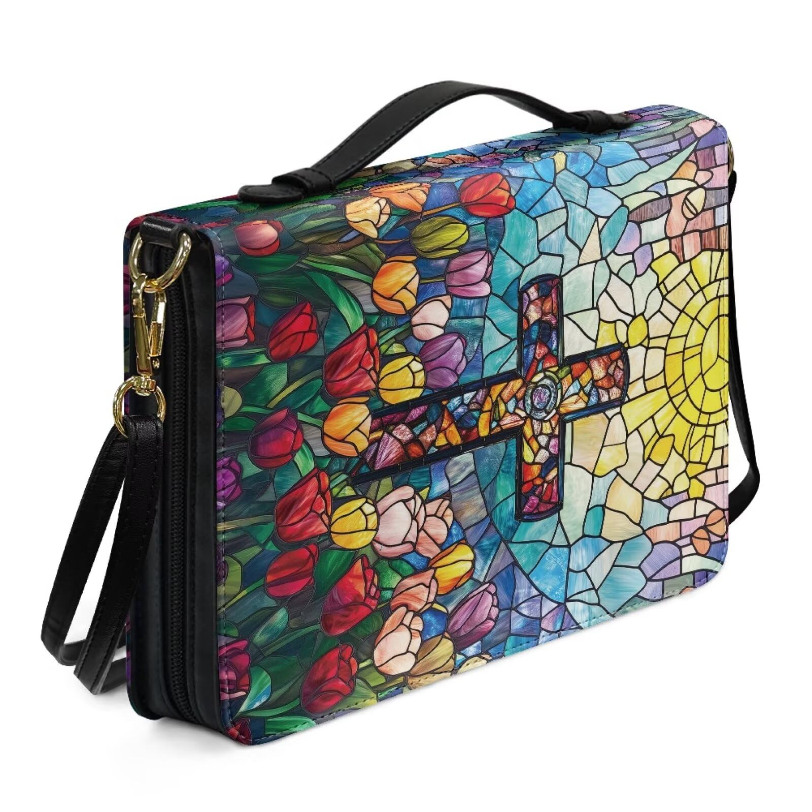 Kuiaobaty Cross Flowers Bible Cover with Shoulder Strap Vegan PU Leather, Stained Glass Art Book Organizer Bag Prayer Bible Protector,2XL