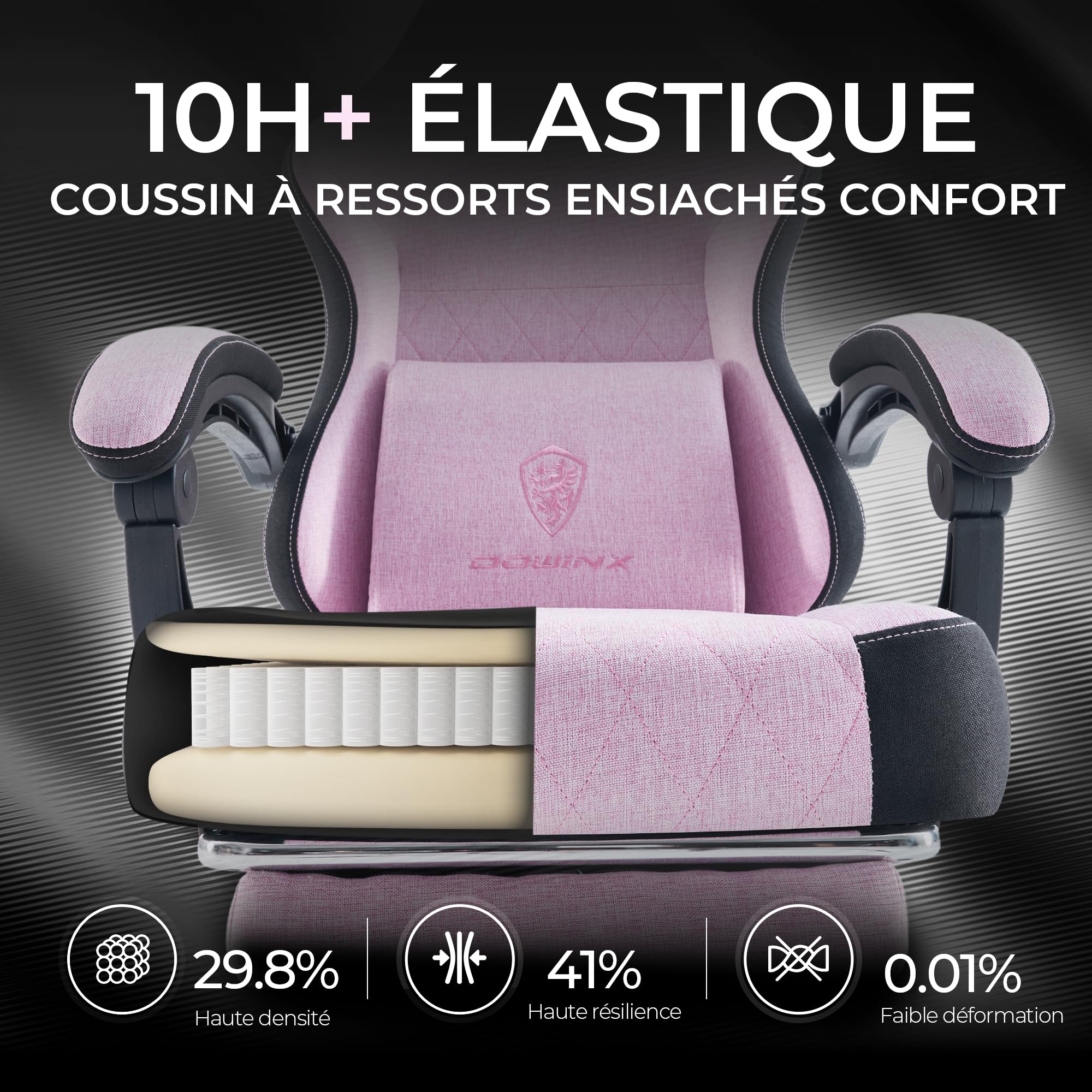 Dowinx Chaise de Gaming en Tissu avec Coussin de Printemps, Soutien Lombaire et Repose-Pieds pour Adultes, Fauteuil de Jeu Ergonomique, Grand et Haut, pour Jeux de Bureau, 135 kg, Rose