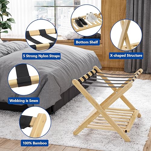Miniatura 36 de Smuxee Portaequipajes de nogal totalmente montado, soporte de maleta plegable de bambú mejorado con 5 correas de nailon, soporte de equipaje