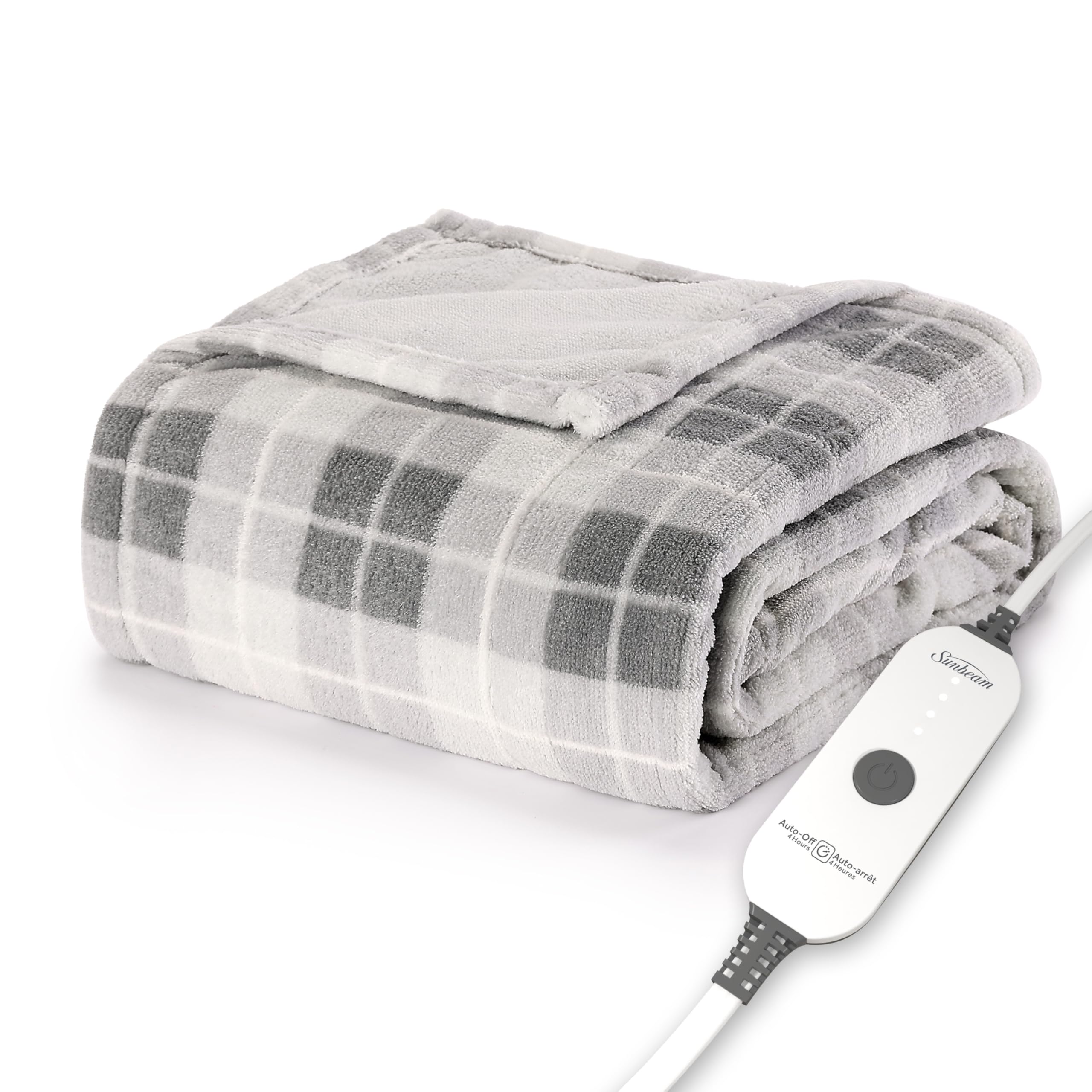 Sunbeam Electric Throw Royal Luxe Microplush Heated Blanket, 4 Heat Settings, 4-Hour Auto Shut-Off, Fast Heating, Warm and Cozy, Grey Rodeen Plaid, 50" x 60"