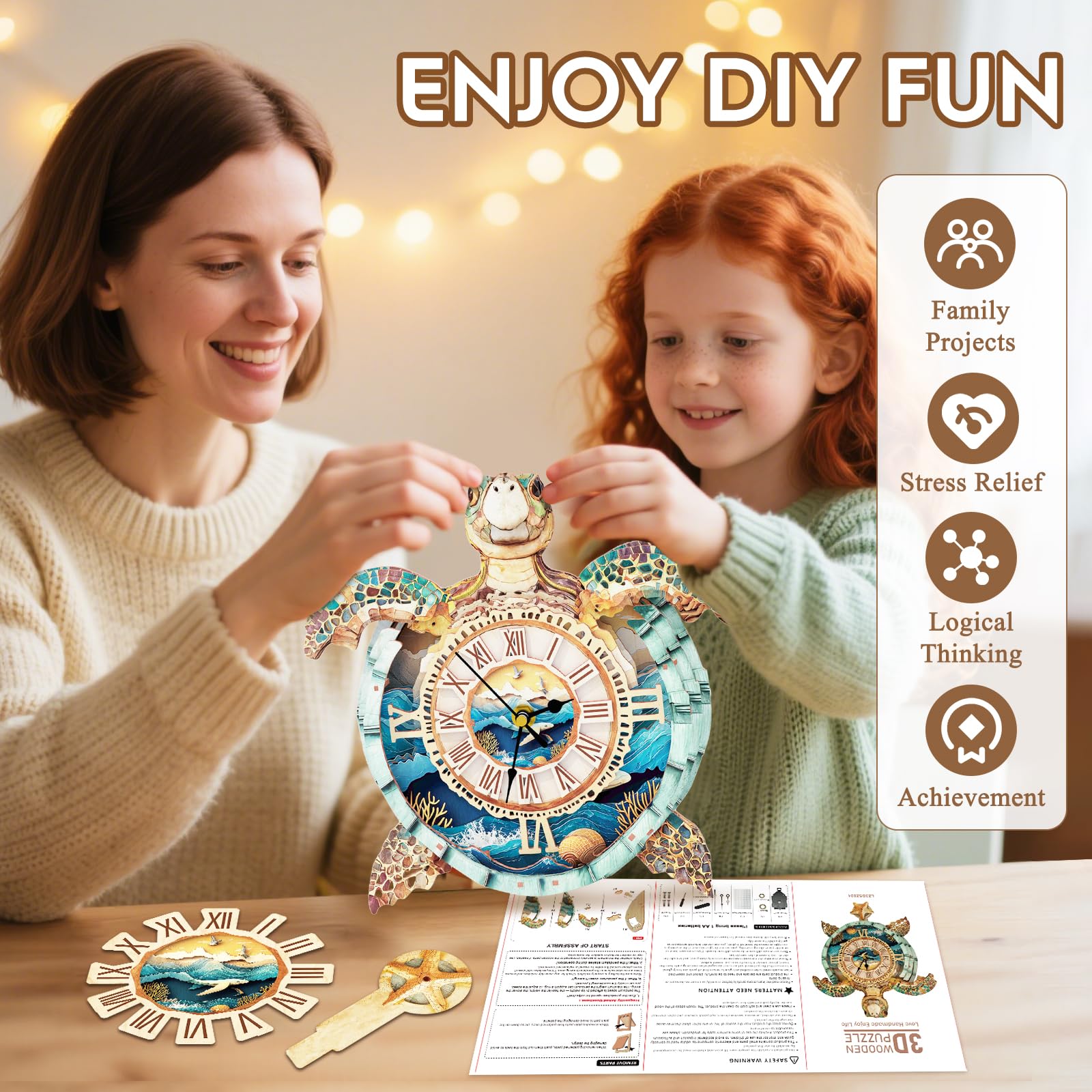 3d Puzzles for Adults-Turtle Clock with Functional Timepiece, 3d Wood Puzzle (10.3 * 12in) - Image 4