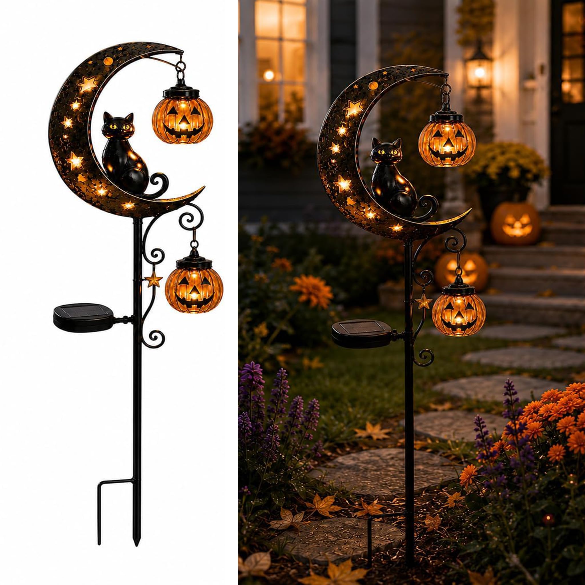 BRTNUP Solar Halloween Black Cat & Pumpkin Moon Garden Stake Light