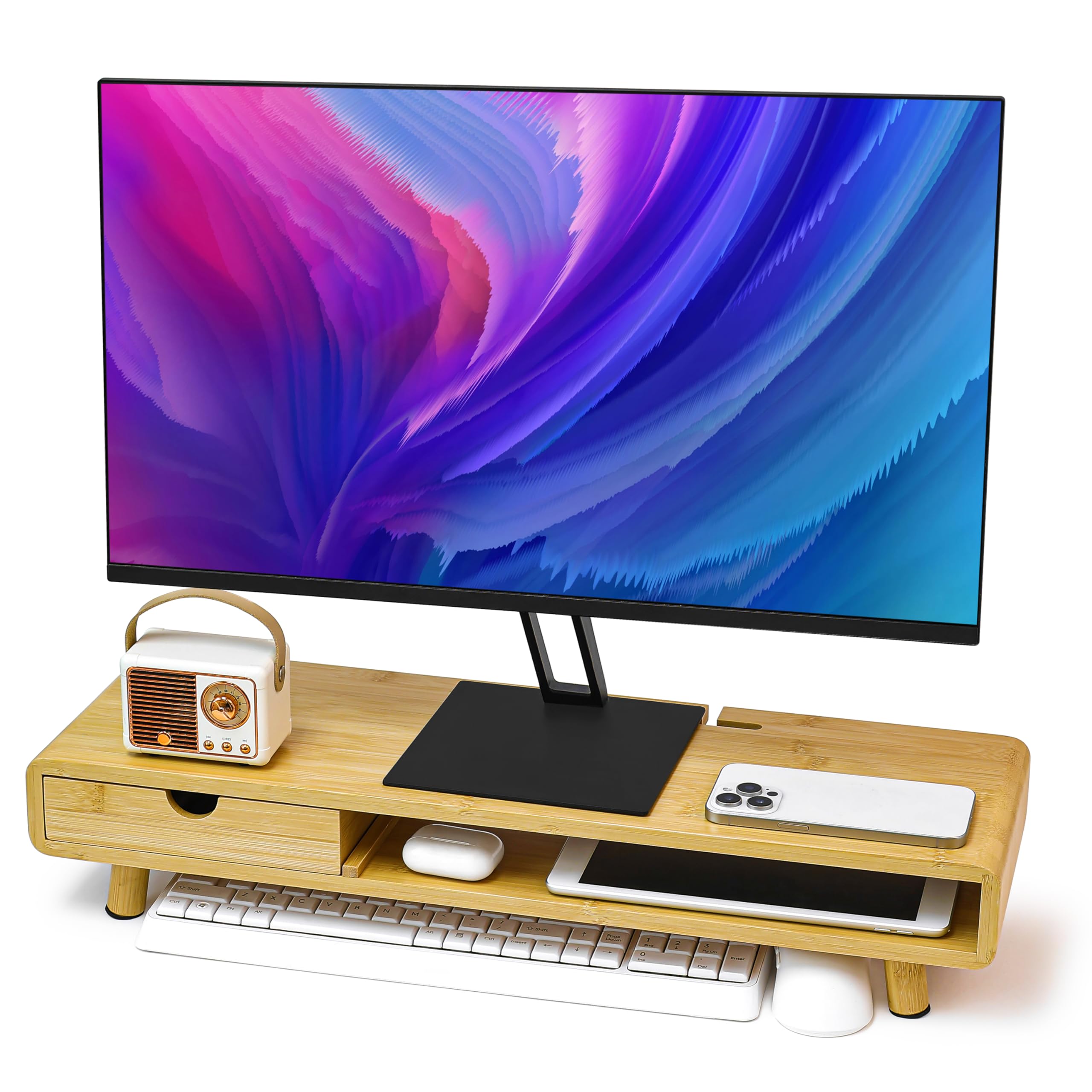 Homerays Monitor Stand with Drawer, Exquisite Computer Monitor Stand for Desk, Ergonomic Wood Monitor Stand Riser for Computer,Laptop,Printer,TV,Upgrade Bamboo
