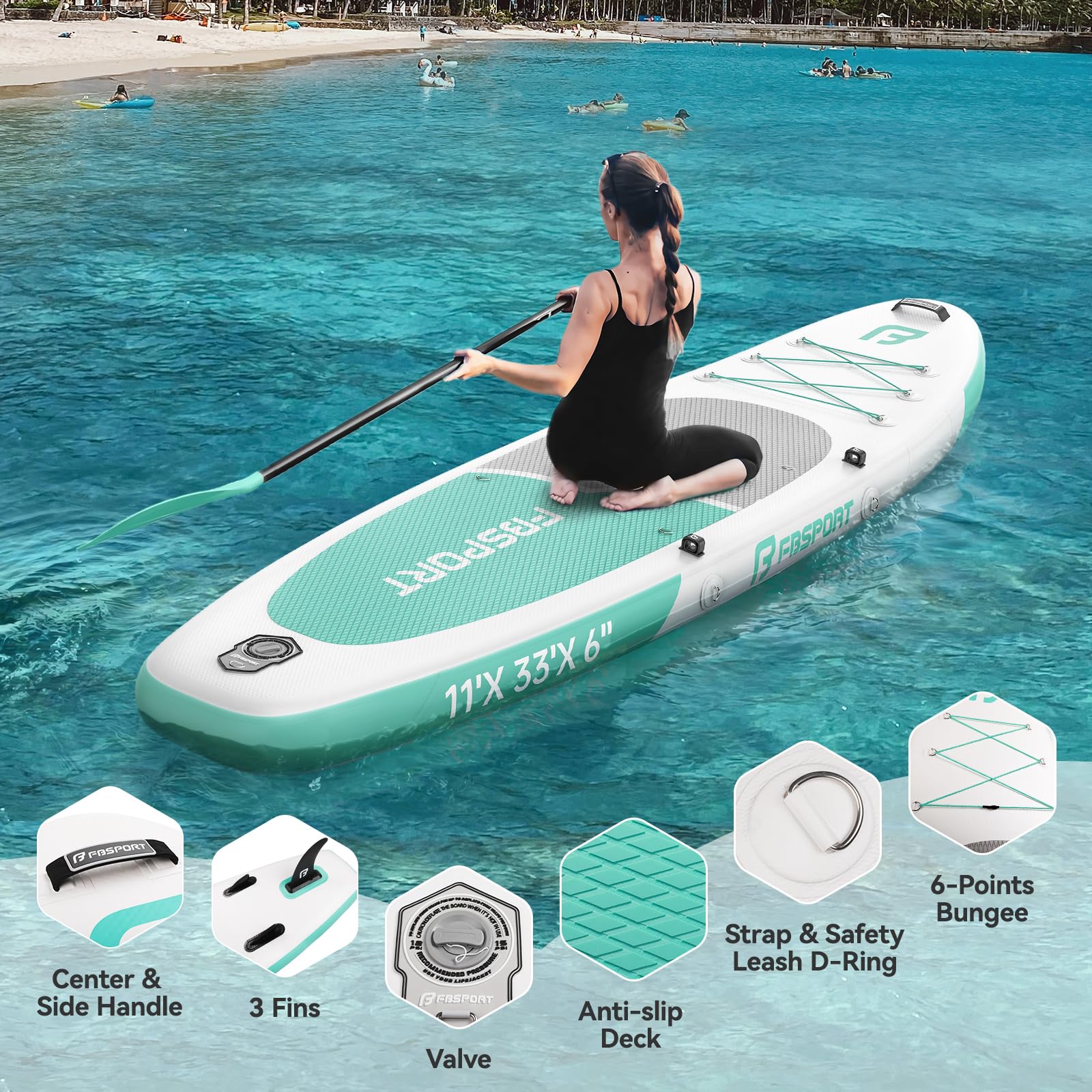 FBSPORT Stand UP Paddling Board 335cm SUP für Erwachsene mit Anti-Rutsch Deck, 15cm Extra Dicke Surfboard Aufblasbares, 160kg Tragkraft, Komplettset mit Paddel Pumpe & Zubehör für Yoga Reisen Surfen