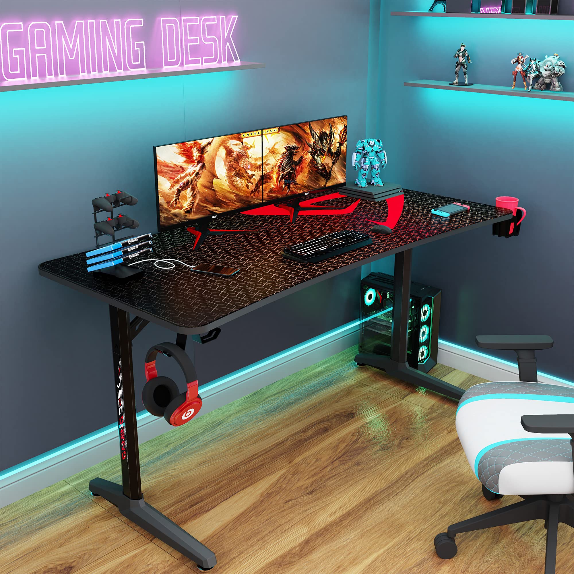 DESIGNA 60 inch Gaming Desk, Computer Desk with Mouse Pad, TShaped