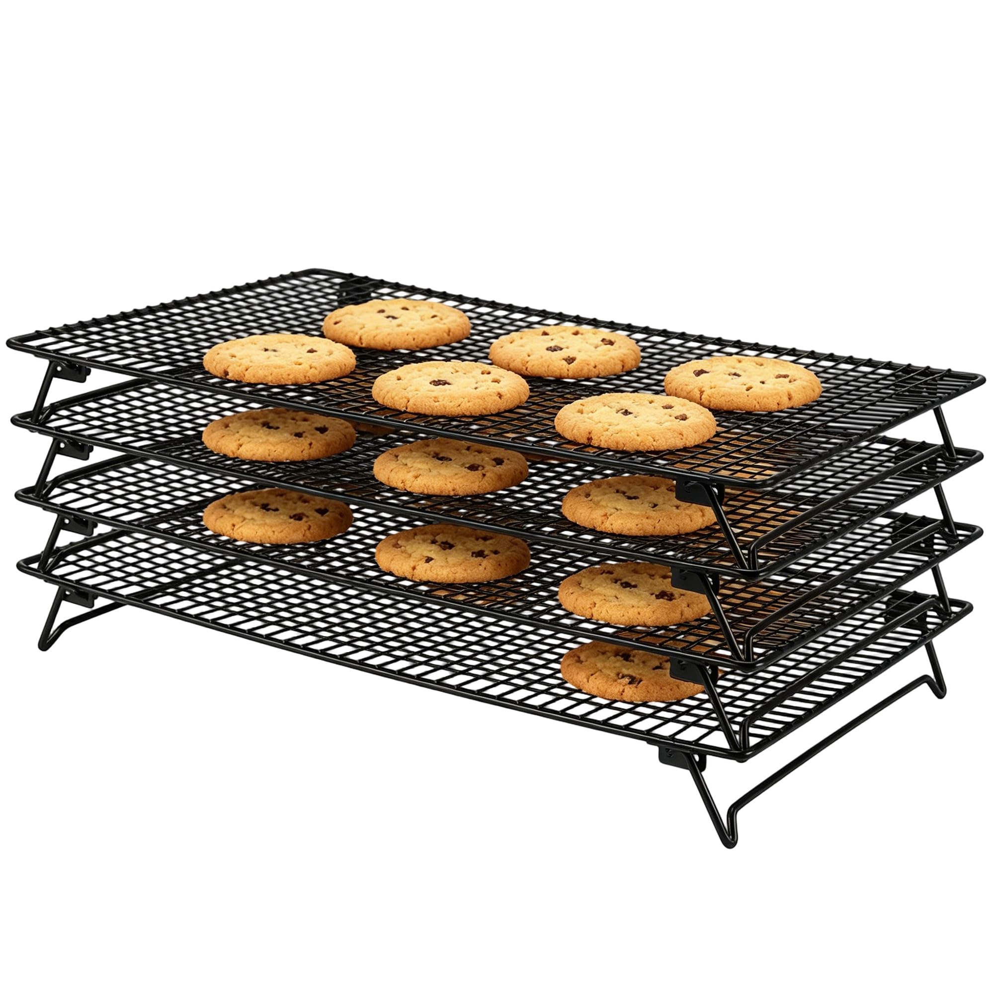 4 Stück Klappbar Abkühlgitter Brot, 42.5x27.5x5cm Stapelbar Kuchengitter Abkühlgitter Rechteckig, Schwarz Backgitter zum Abkühlen für Kekse Cupcakes Muffins Grillen