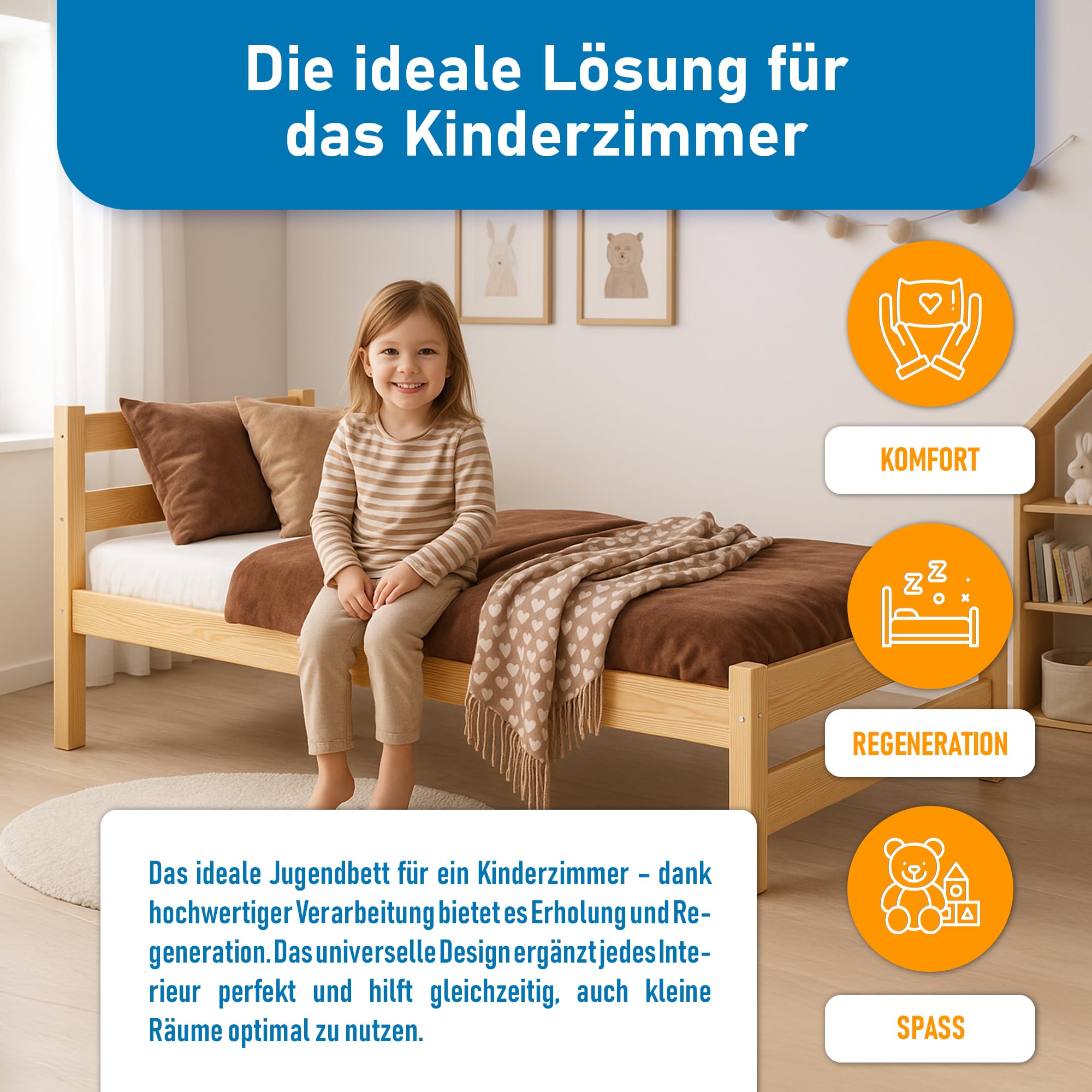 Kinderbett 90x180 cm mit Lattenrost - Einzelbett aus Kiefer Massivholz - Kinder Bett Montessori – Jugendbett – Tagesbett ohne Matratze