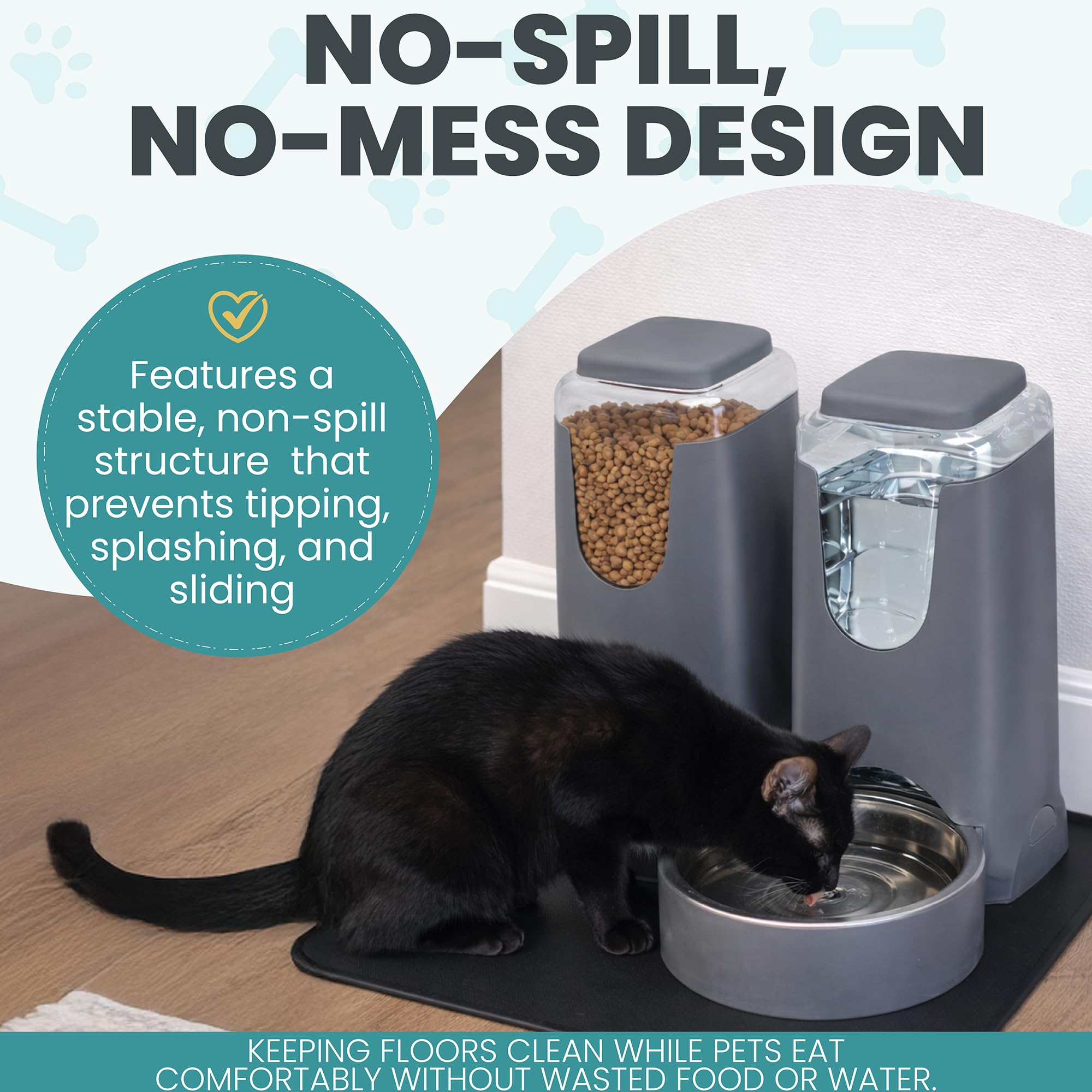 Automatic Cat Feeder 2.8L/4L Water Dispenser Set w/Tray Mat, Gravity Pet Feeder, Large Capacity Non-Spill Cat Water & Food Stainless Steel Bowls, Water Dispenser for Feeding Cats & Dog - image 5