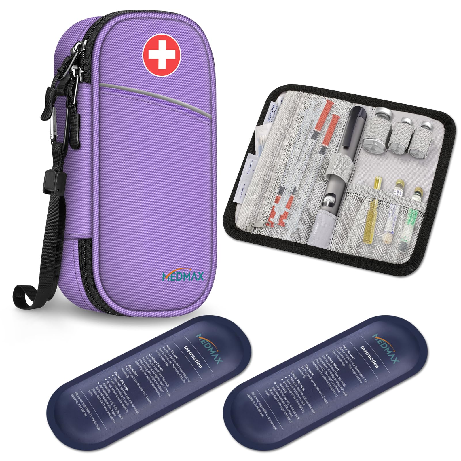 MEDMAX Enfriador Bolsa de Insulina 2 Paquetes de Hielo, Portátil Organizador de Medicamentos, Aislado Estuche para Bolígrafos de Insulina u Otros Suministros para Diabéticos, (Púrpura)