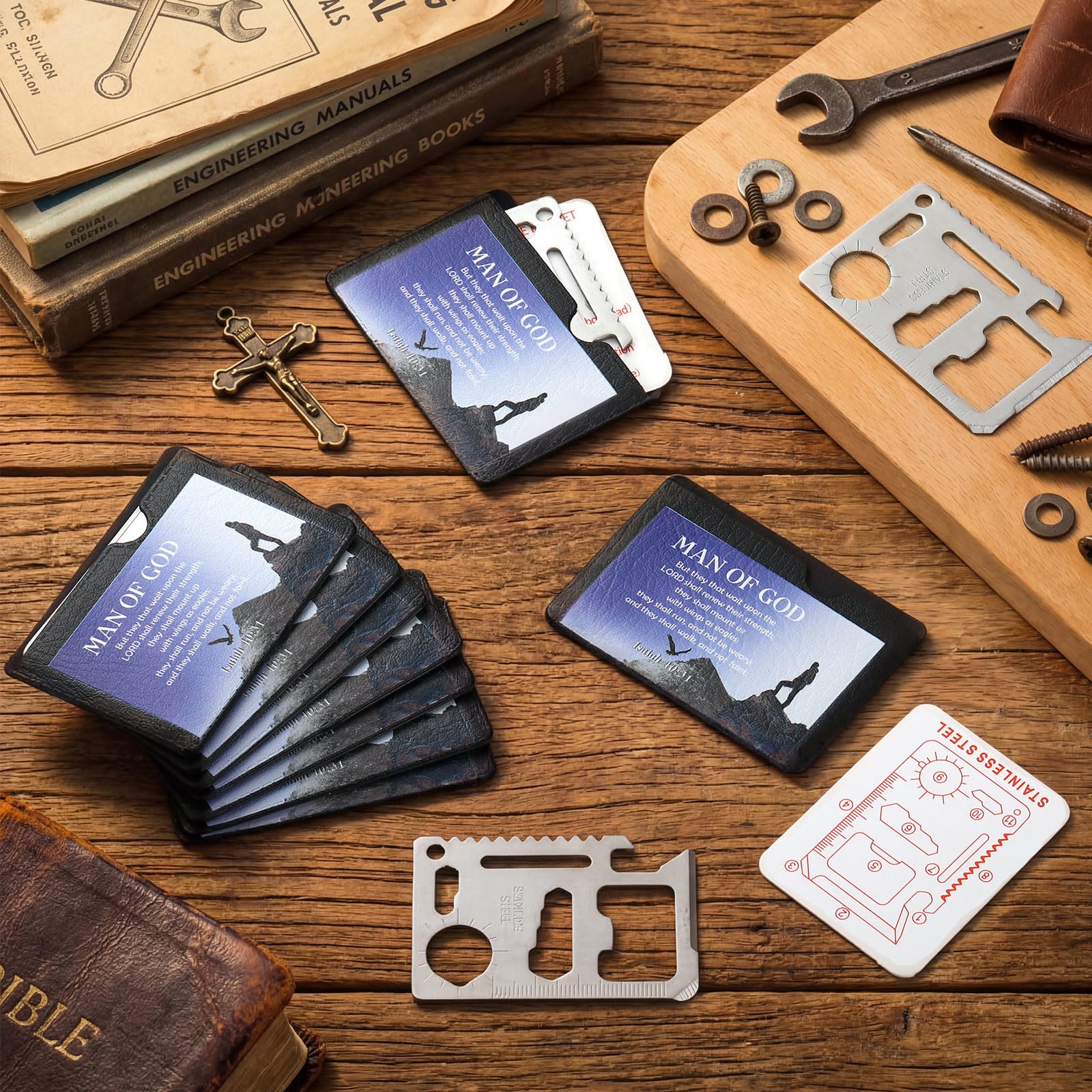 10 Sets Father's Day Christian Gifts for Men Bulk Man of God Wallet Multi Tool 11 in 1 Multitool Credit Card Bulk Survival Wallet Tool Bible Verse Pocket for Church Prizes Party Favor