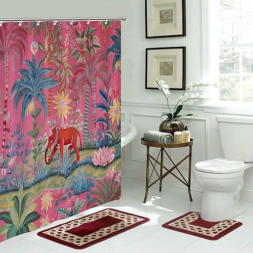 Miniatura 513 de Cortinas de ducha de baño con ganchos, 72 x 92 pulgadas, cortina de ducha de tela impermeable con diseño de flores y pájaros, cortina de ducha