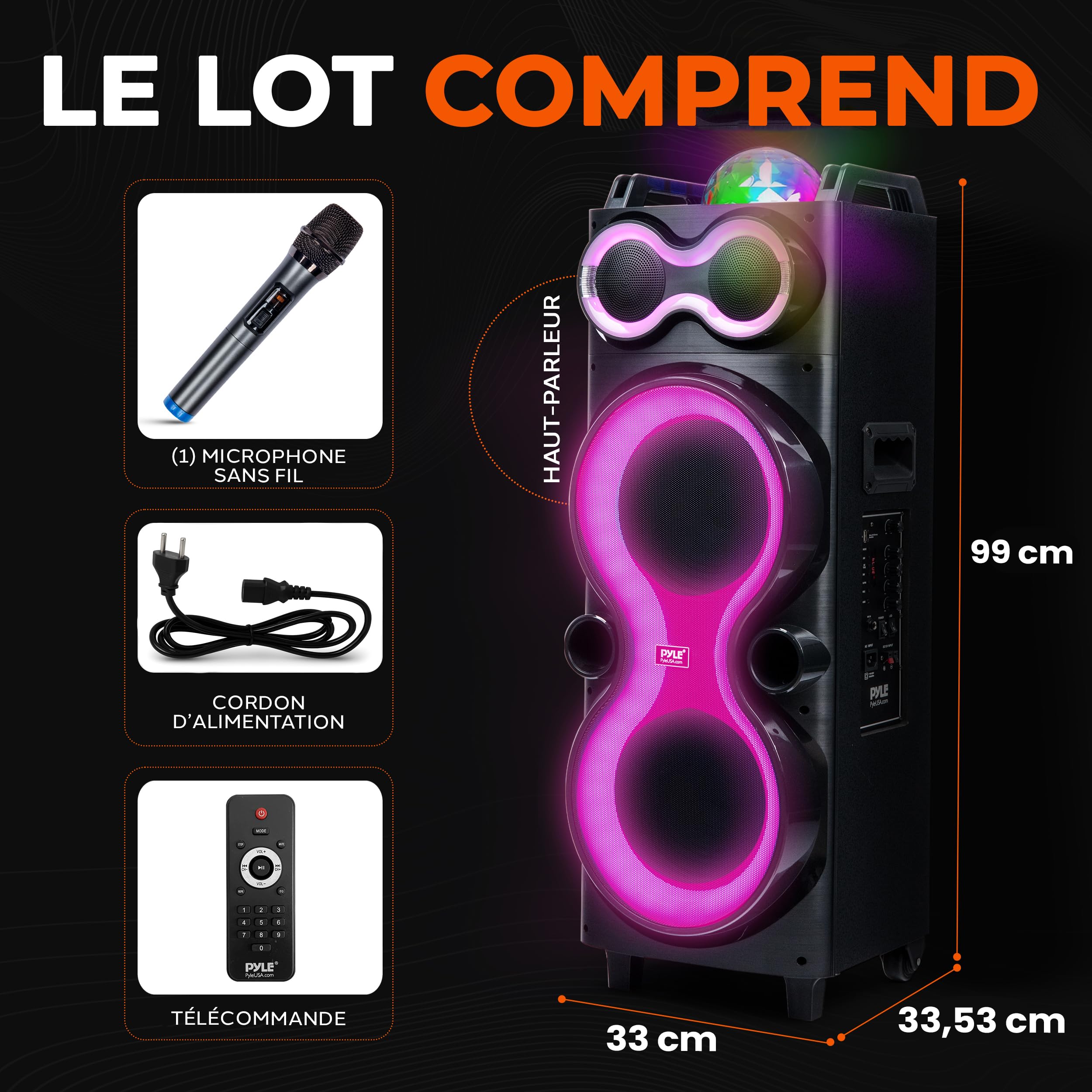 Pyle Enceinte Bluetooth Karaoké 240 W, Sono Portable, Double Haut-Parleur, Enceinte Bluetooth Puissante avec Micro sans Fil USB/SD/AUX/FM, Éclairage LED, Fêtes Extérieures et Intérieures