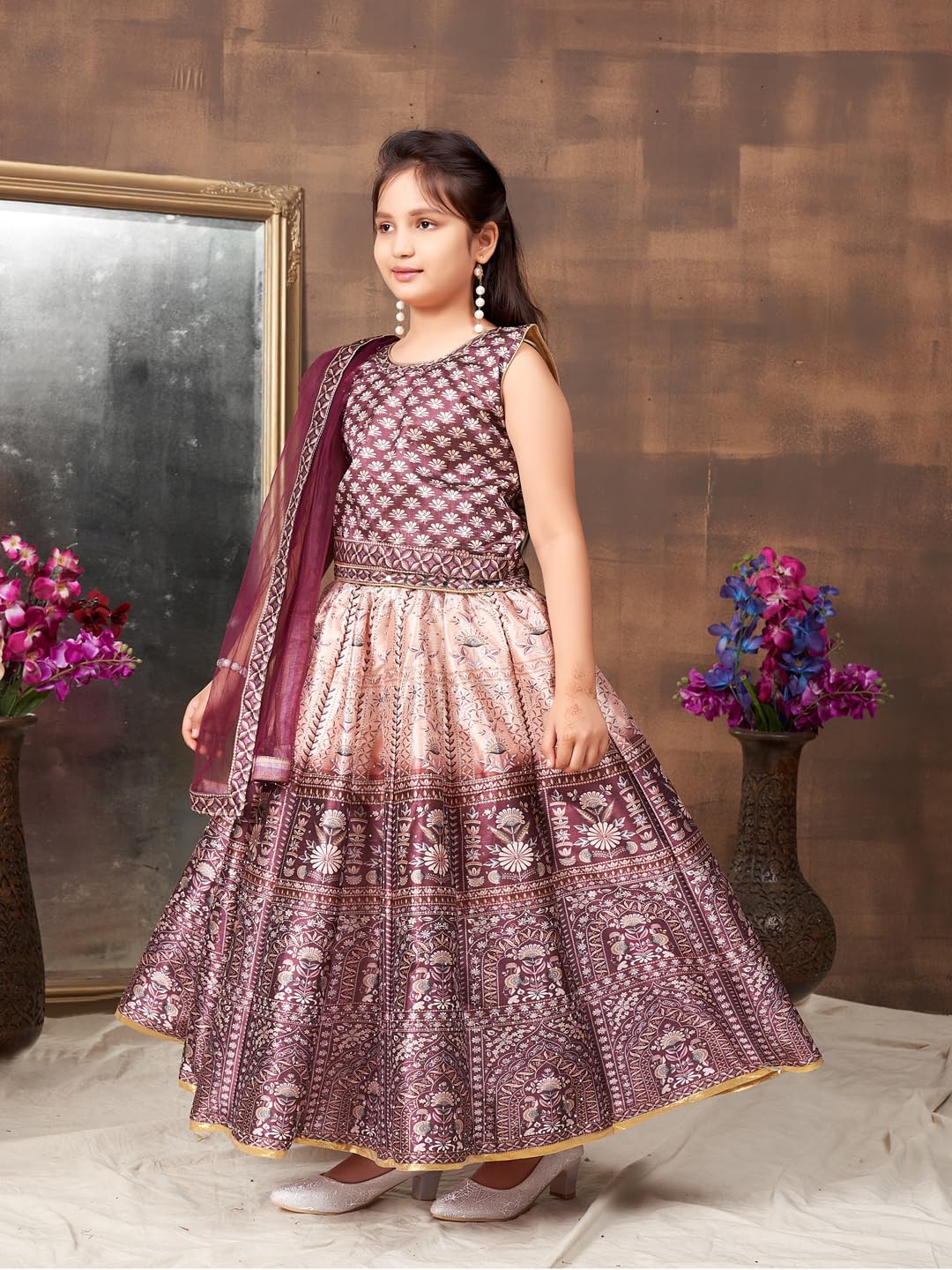 Aarika Girls Ethnic Wear Brown Colour Floral Print Embellished Stone Silk Lehenga Choli Set (5-11 Years)