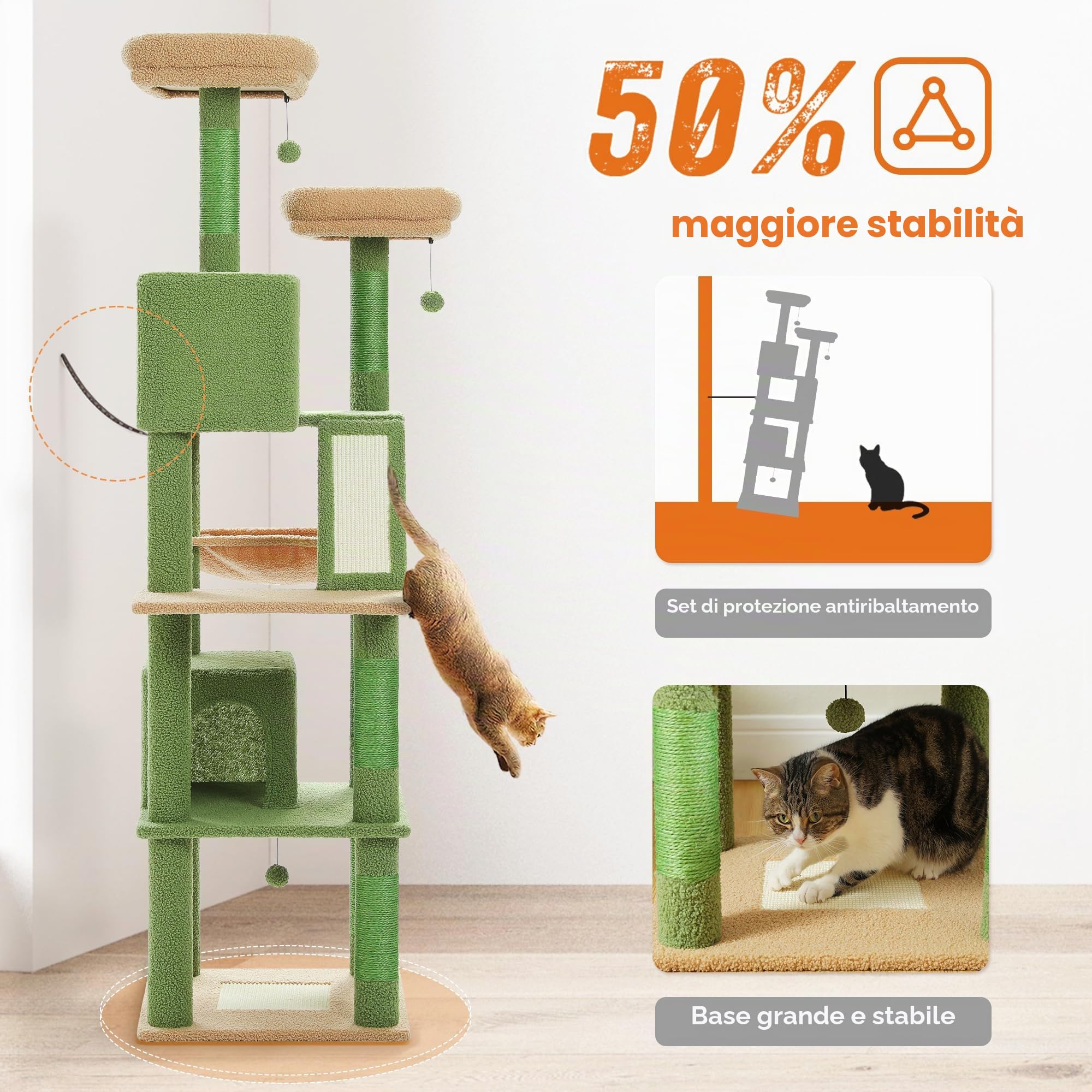 PETEPELA Albero tiragraffi cactus grande, multi-livello, per gatti di grandi dimensioni, con 6 colonna in sisal, 2 tavole, 2 piattaforme, 1 amaca, 2 palline da gioco, verde