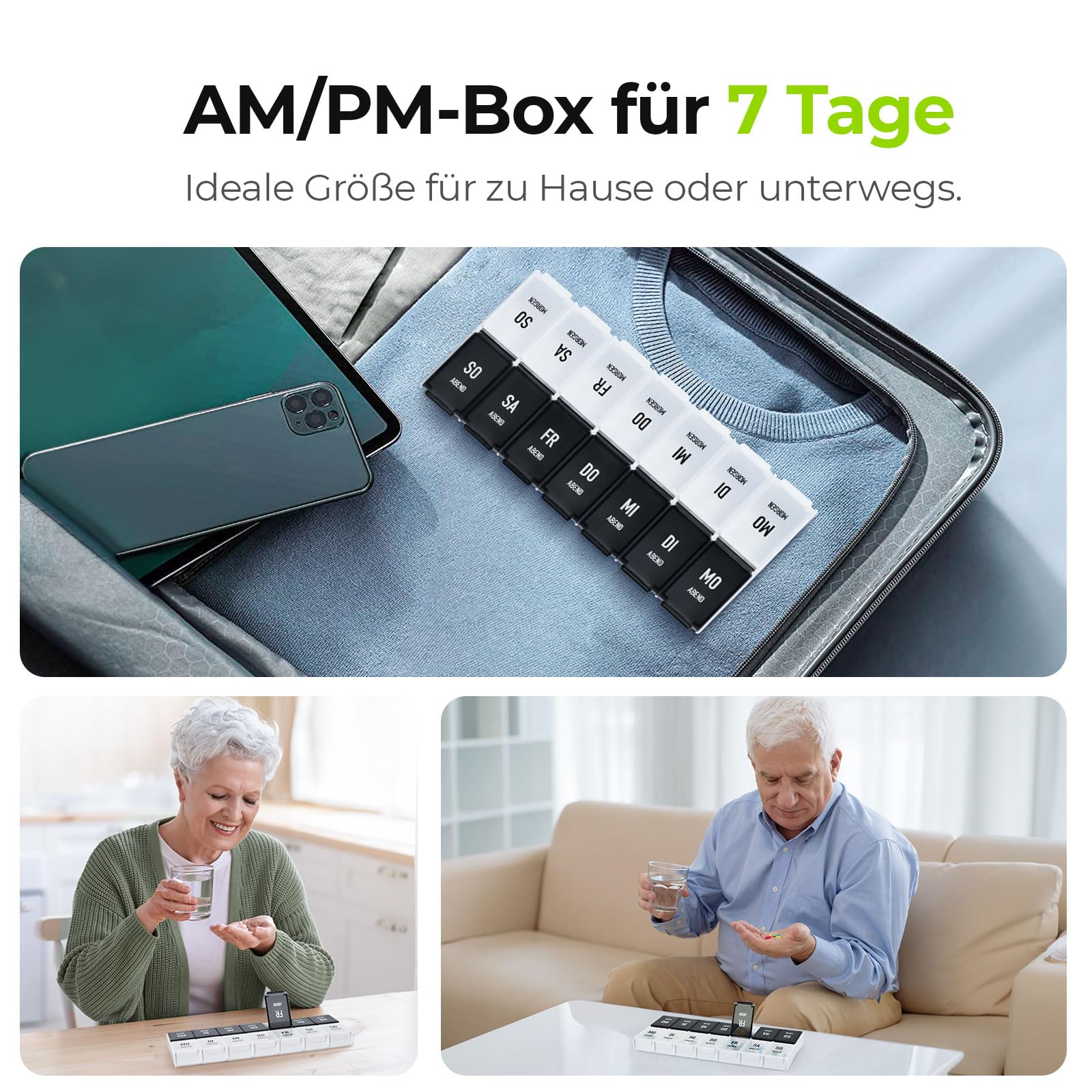 AUVON Tablettenbox 7 Tage Morgens Abends, Handlicher Tablettenbox mit Großen Separaten Fächern für Medikamente, Vitamine, Fischöl, Nahrungsergänzungsmittel usw.