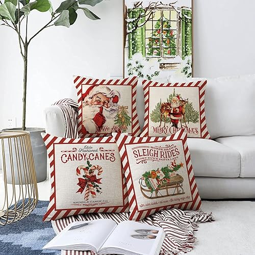 Miniatura 4 de GAGEC Juego de 4 fundas de almohada de Feliz Navidad, bastones de caramelo, alce, Papá Noel, paseos en trineo, invierno, decoración al aire libre,
