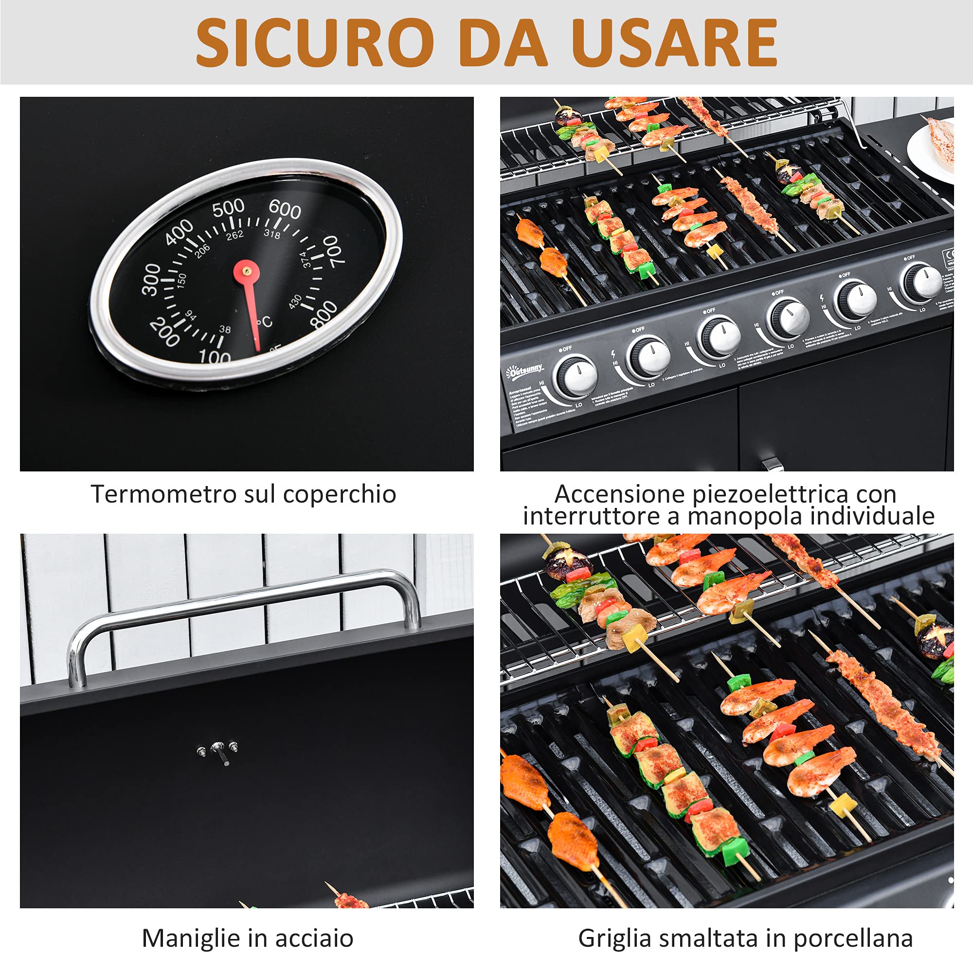 Outsunny Barbecue a Gas con Coperchio, 7 Bruciatori Totali da 20kW e Fornello Laterale, Termometro, Mensola e 2 Ruote, 135x50x100cm Nero