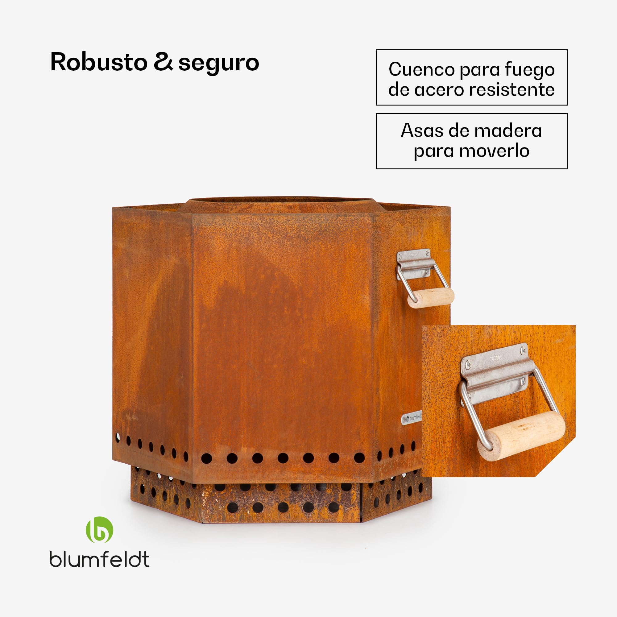 Blumfeldt Cuenco de Fuego, Hoguera móvil con Cubierta para la Lluvia, Asas de Madera, Mesa de Fuego para Exteriores, Chimenea de leña de Mesa con Vista 360°, Hoguera para el Patio y la terraza