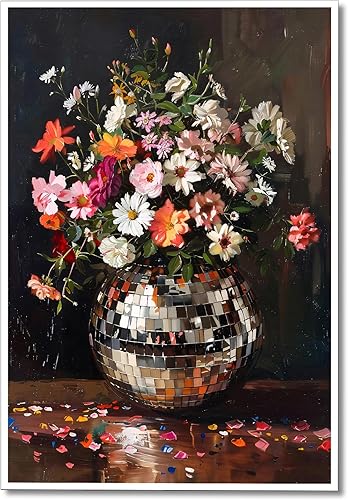 Arte de pared de bola de discoteca floral colorido y animado, ramo de flores silvestres funky maximalista, póster de lona de bola de discoteca,