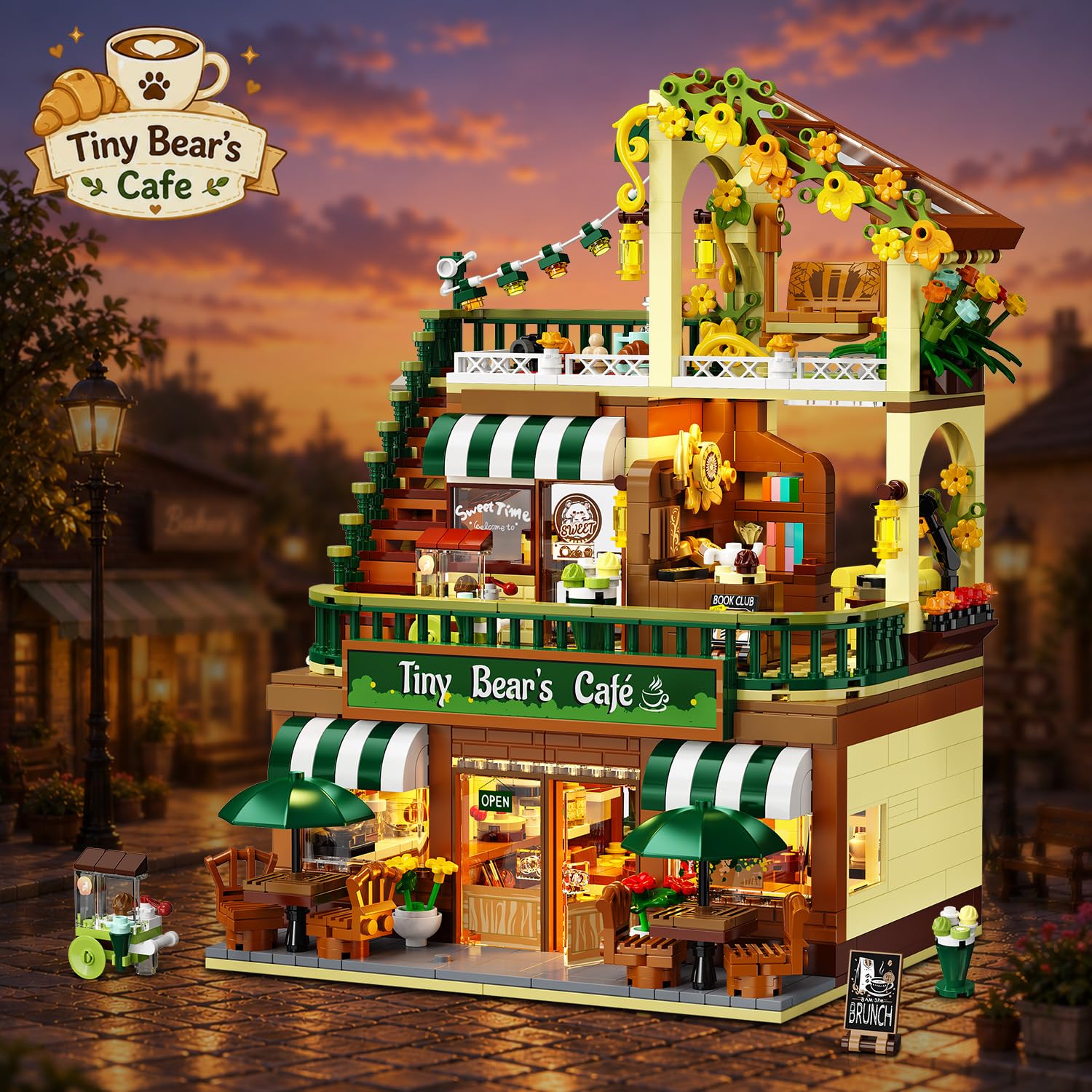 INSOON City Café con Luz, Kit de Construcción para Adultos y Jóvenes 8+ | Cafetería con panadería, terraza y mostrador de pedidos, maqueta de edificio urbano para niños, niñas y jóvenes desde 8 años