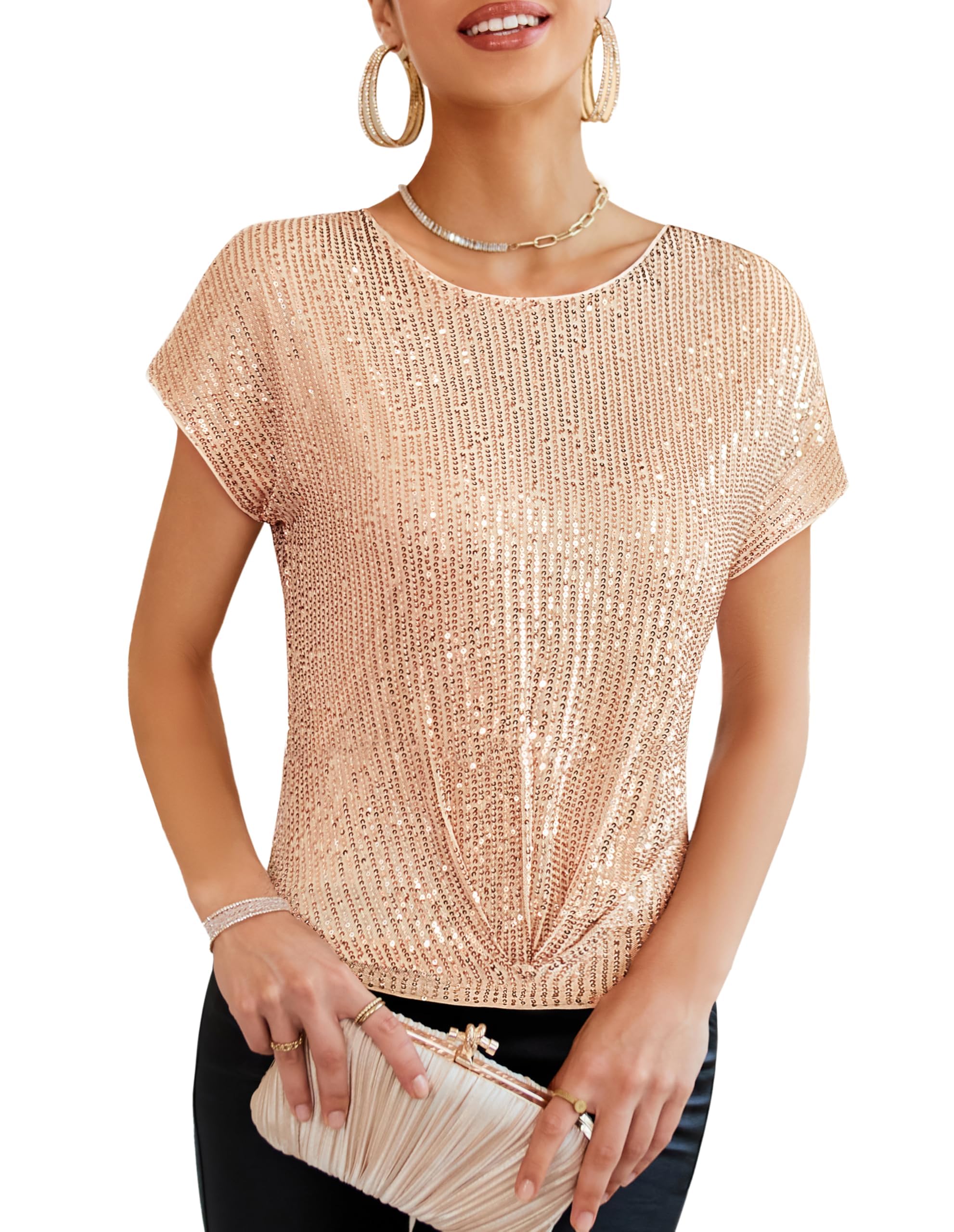 GRACE KARIN Damen Kurzarm Rundhals Glitzer Pailletten Tank Top Elegant Glänzendes Bluse Party Cocktail Oberteil