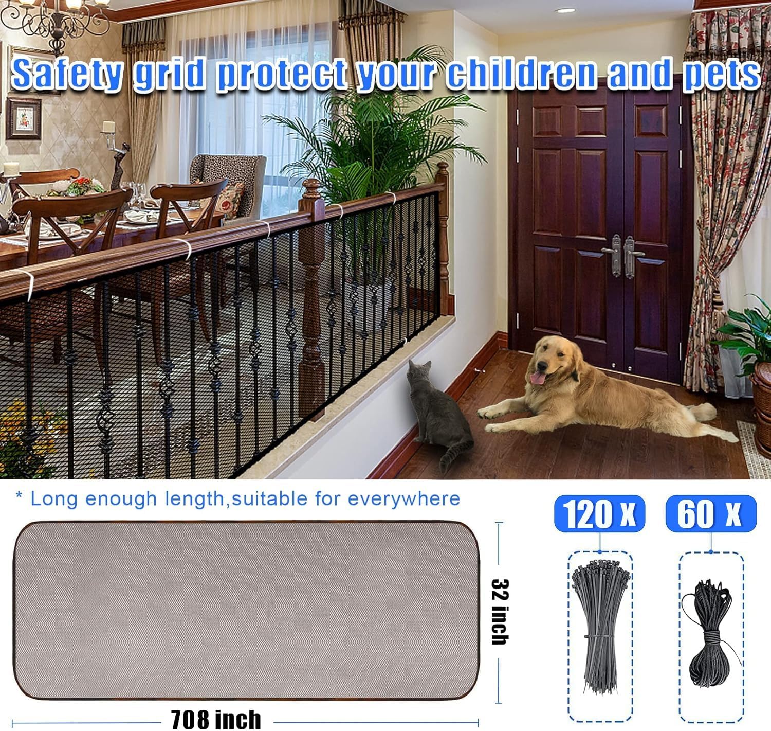 JIFTOK Baby Gate for Stairs, Banister Guard for Kids, Pets, Toys, 59ft L x 2.66 ft H, Mesh Netting Safety Net for Balcony Rail Stair, Stairway Net Baby Safety Products for Indoor & Outdoor (Brown)