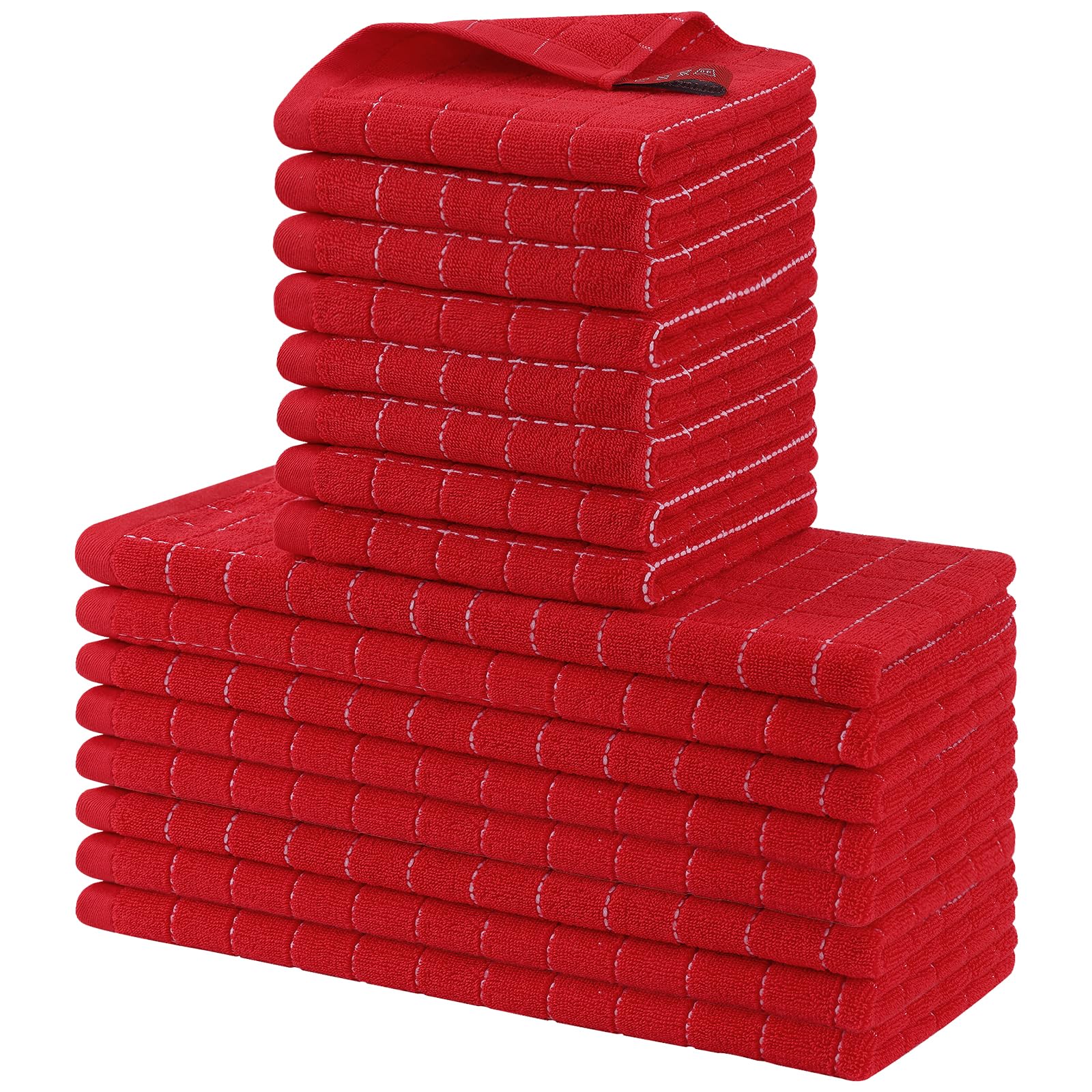 Homaxy Lot de 16 torchons de cuisine et torchons de cuisine en coton éponge, doux et super absorbants, motif à carreaux, 30,5 x 30,5 cm et 33 x 71,1 cm, rouge