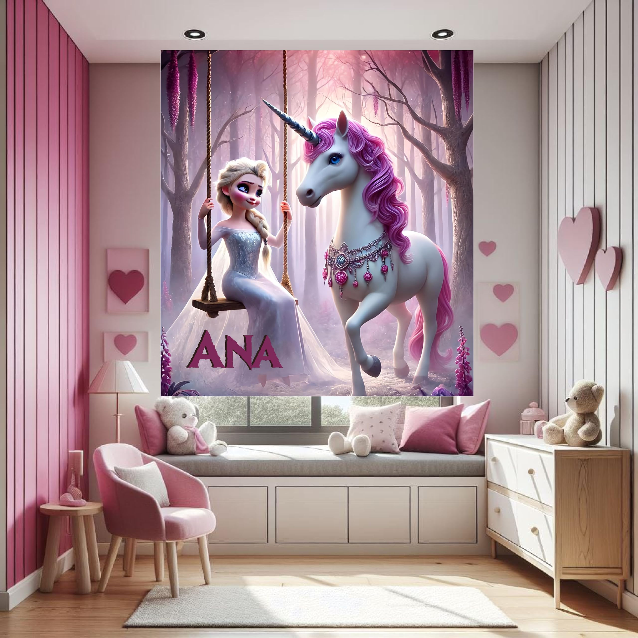 Estor Enrollable Infantil Personalizado con Nombre – Diseño Unicornio y Princesa de Hielo – Decoración Habitación Niñas – Hecho a Mano en España – Estores Iroa(120x170)