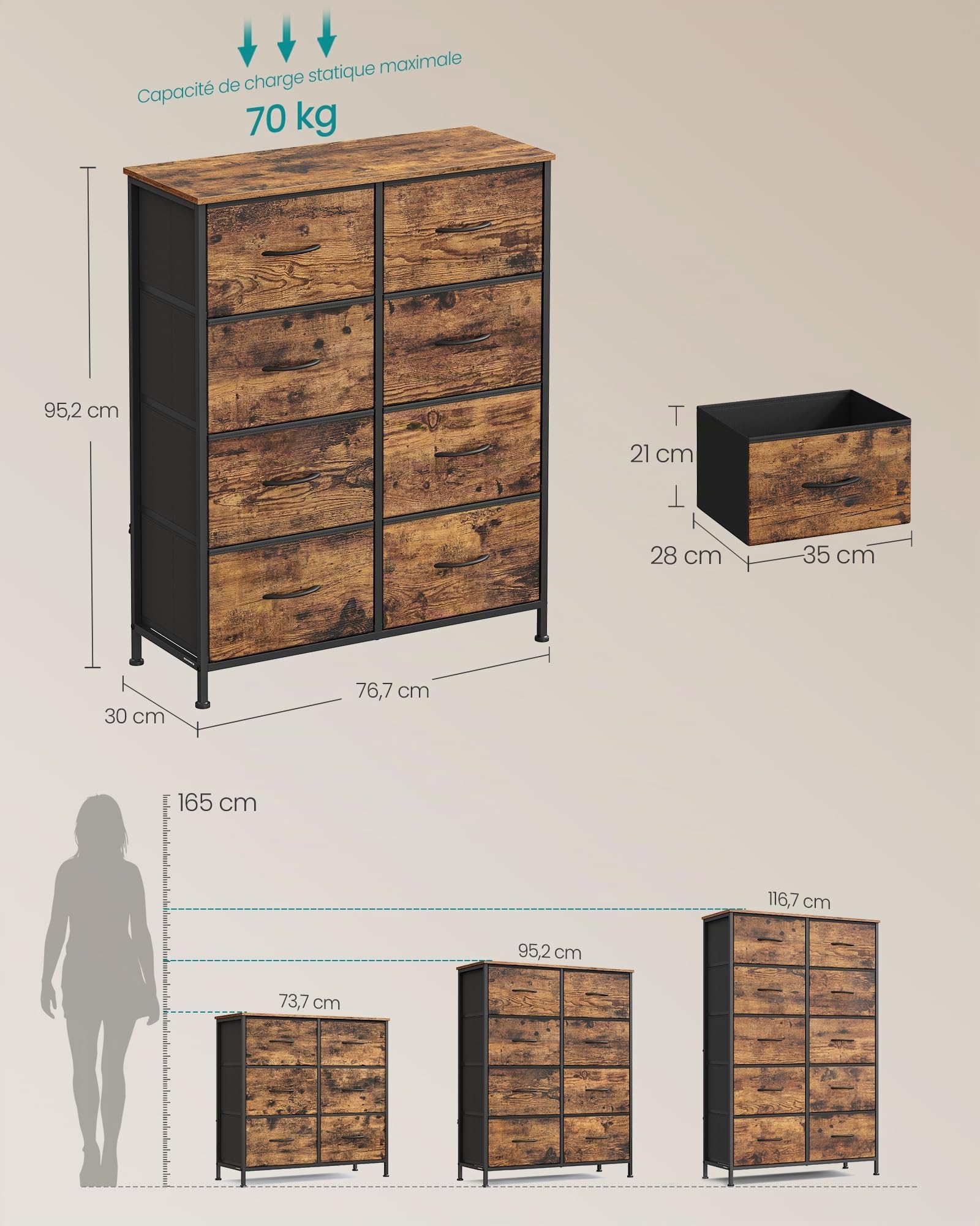 SONGMICS BELLAH Collection - Commode, Meuble de Rangement pour Chambre, Couloir, Entrée, Salon, Cadre en Acier, 8 Tiroirs, Style Industriel, Marron Rustique et Noir d'encre LGS124BH04