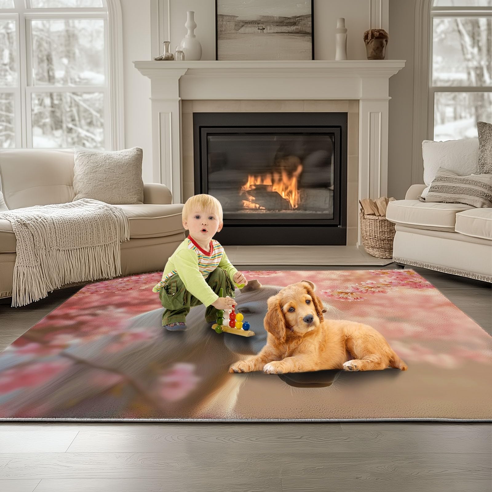 Générique Tapis Salon Cheval Blanc Animal Fleurs De Cerisier 80x150 cm Tapis Chambre Moderne Tapis de Salon Tapis Antidérapant Poils Ras, Lavable en Machine, Tapis pour Interieur et Exterieur