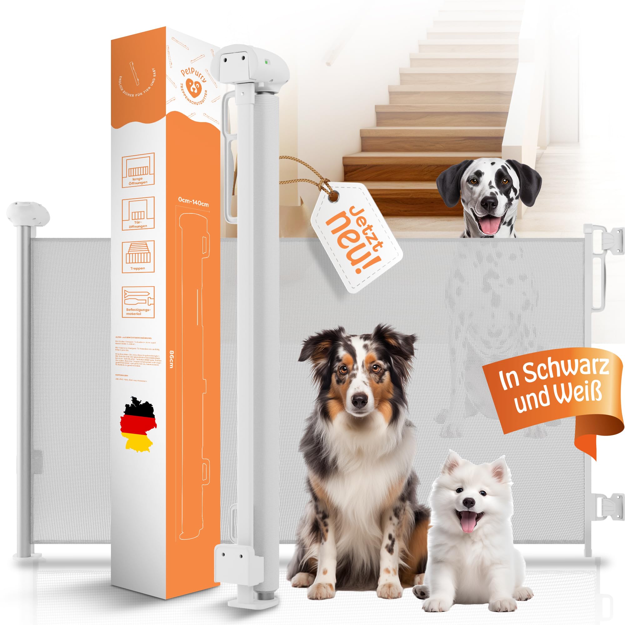 petpurry® Treppenschutzgitter Türschutzgitter - weiß - Treppenschutzgitter ausziehbar 0-140cm - Treppenschutz für Haustiere und Kinder - Geeignet für Treppen und Türen